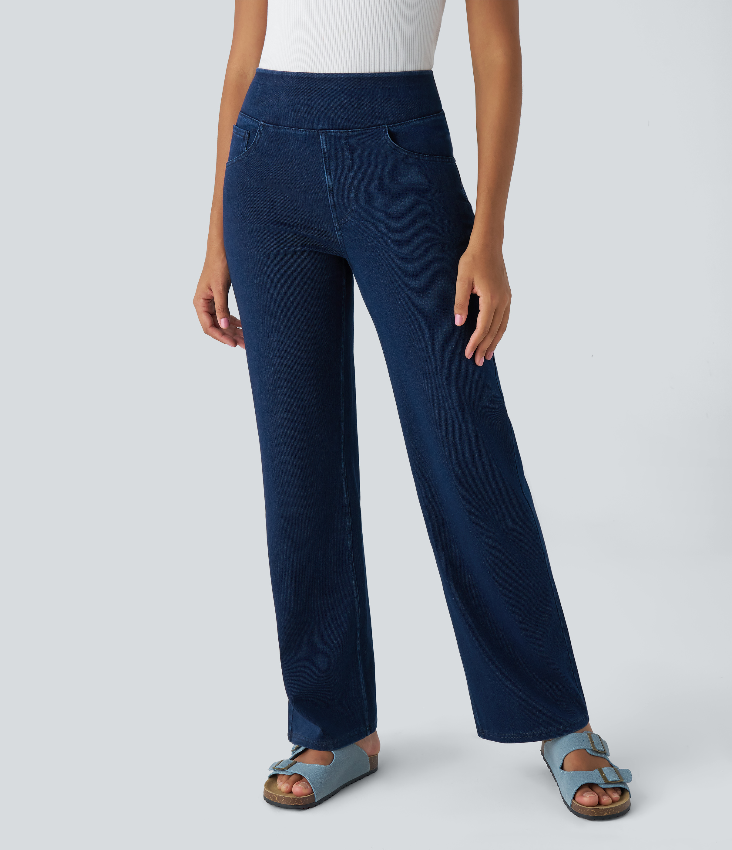 Halara HalaraMagicв„ў Jeans High Waisted Multiple Pockets Straight Leg Stretchy Knit Denim Work Pants  - Denim Indigo - S(regular) sweatpants 