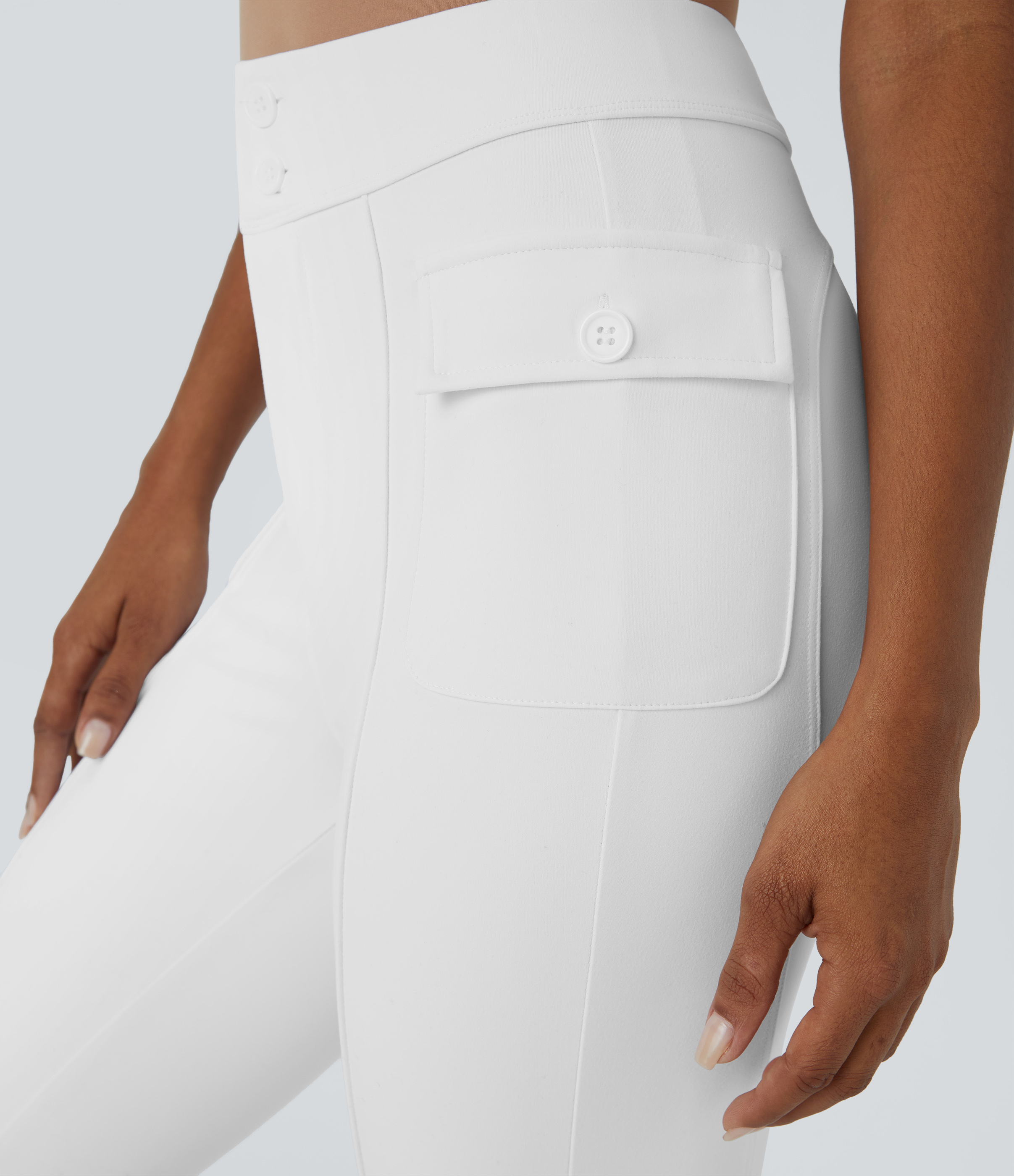 Halara High Waisted Button Side Flap Pocket Flare Casual Cargo Pants  - White - M(petite) 