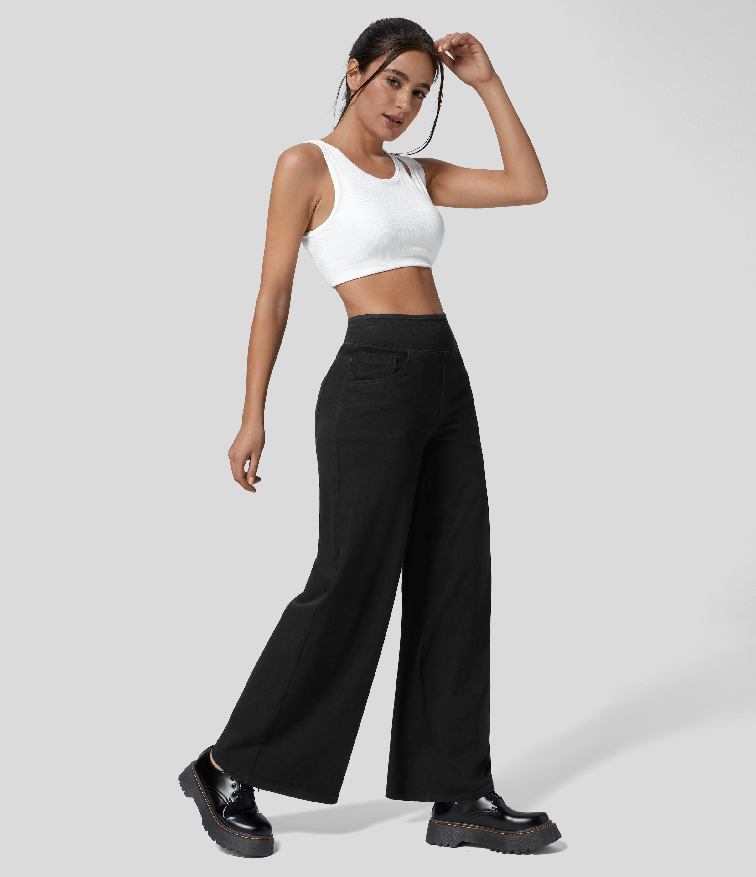 Halara HalaraMagicв„ў High Waisted Multiple Pockets Wide Leg Loose Stretchy Work Jeans  - Black Denim - L(petite) sweatpants jogger pants 