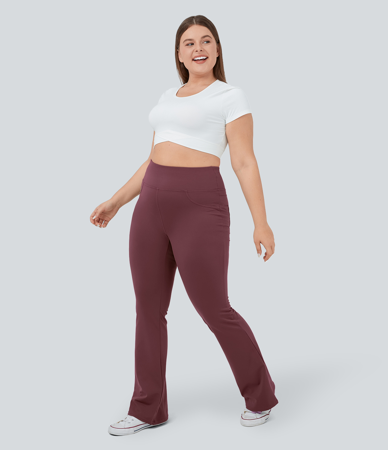 Halara High Waisted Back Pocket Flare Yoga Plus Size Leggings  - Red Mahogany - 2X(regular) 