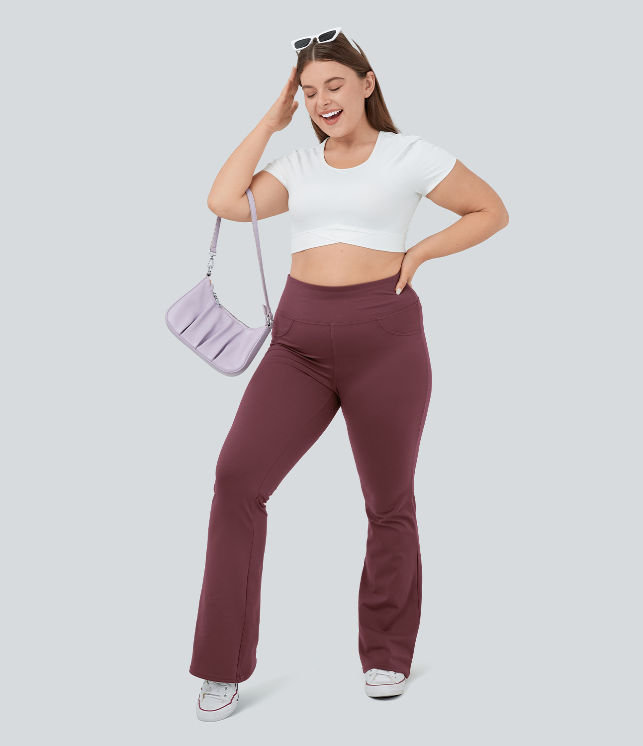 Halara High Waisted Back Pocket Flare Yoga Plus Size Leggings  - Red Mahogany - 2X(regular) 