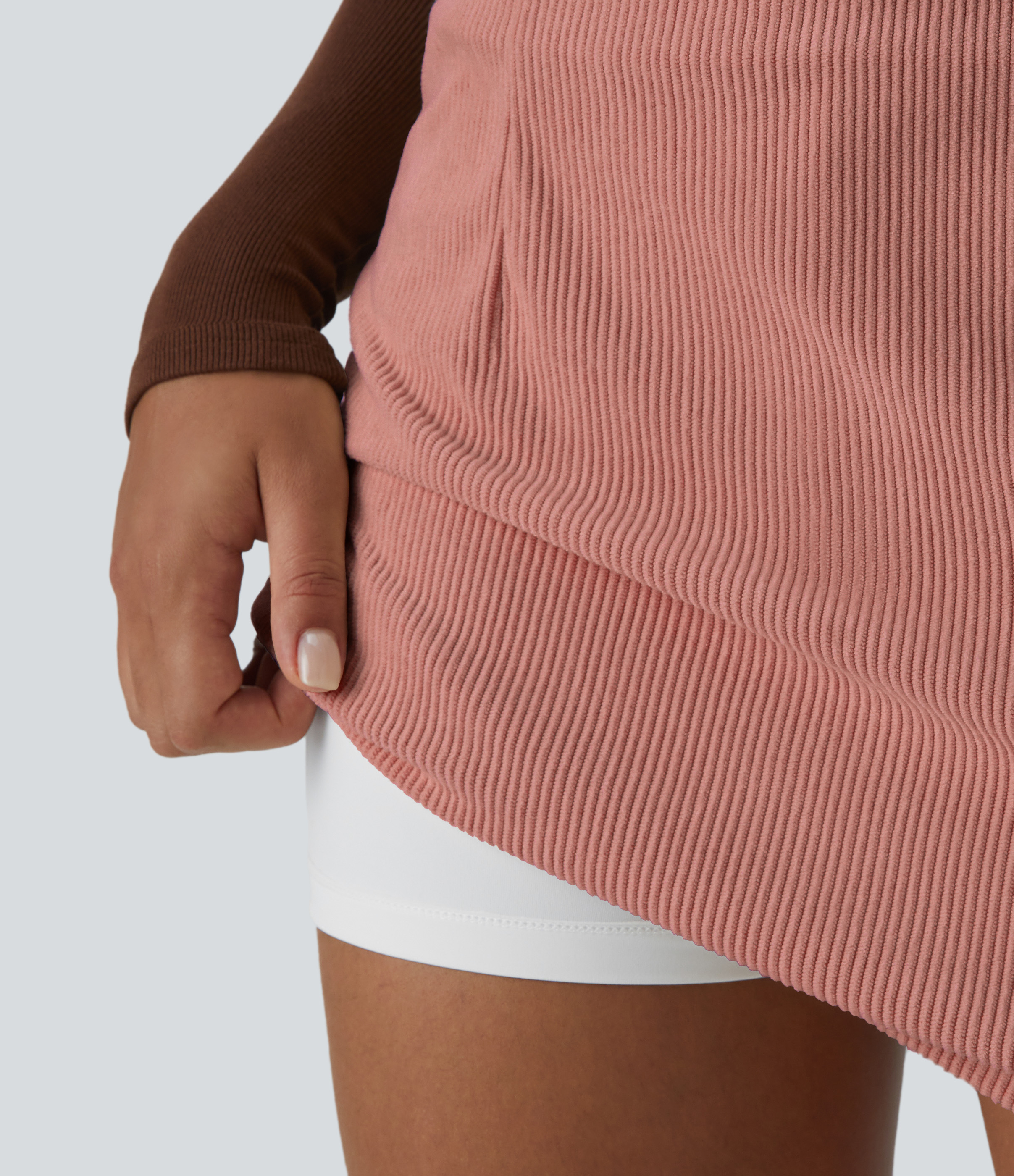 Halara High Waisted Back Zipper Split Hem 2-in-1 Corduroy Casual Skirt  - Desert Sand - L(regular) 