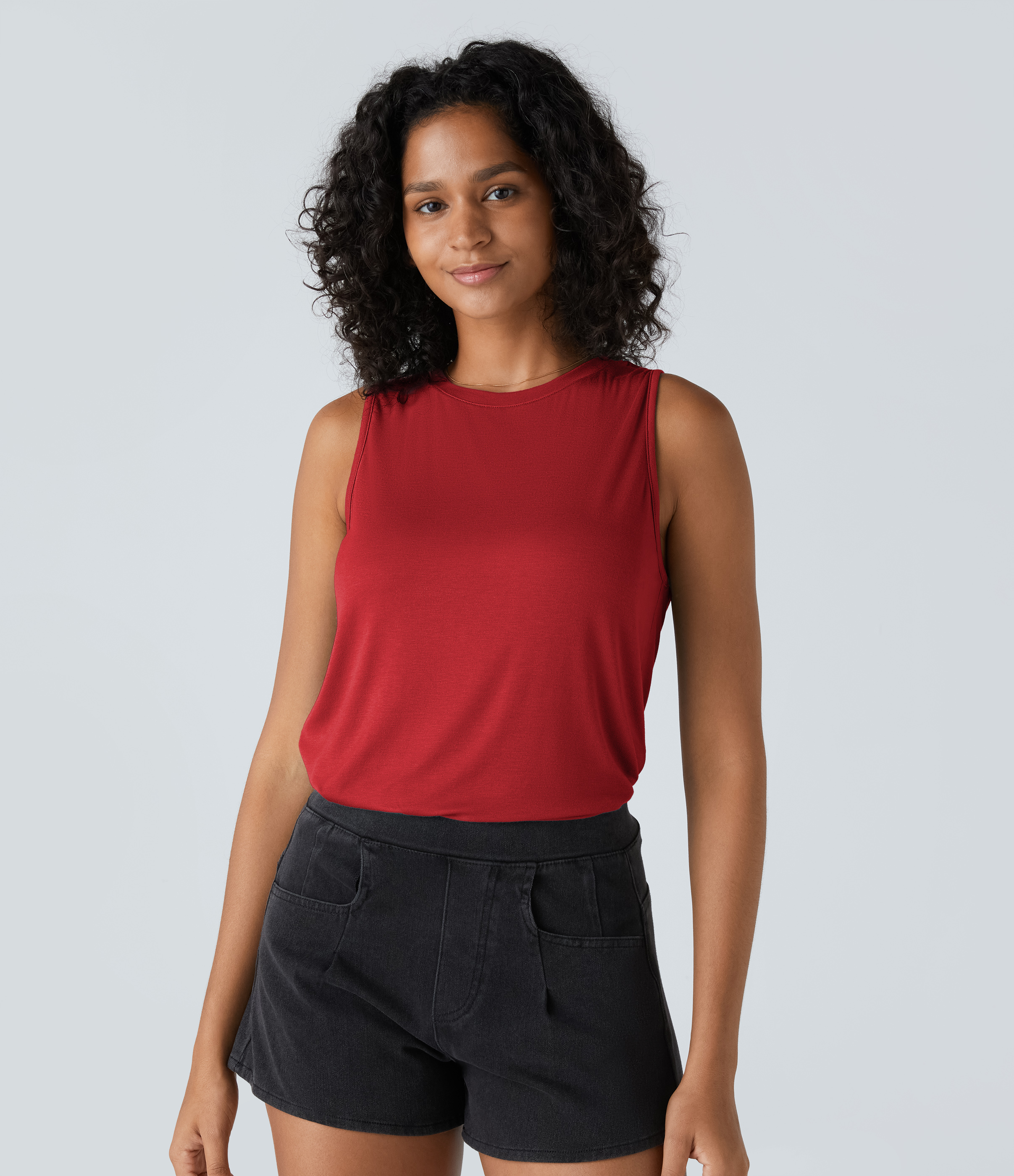 Halara Ribbed Round Neck Basic Casual Tank Top Tank Top - Rubicondo - L golf tops halter top tunic tops sleeveless tops backless top 