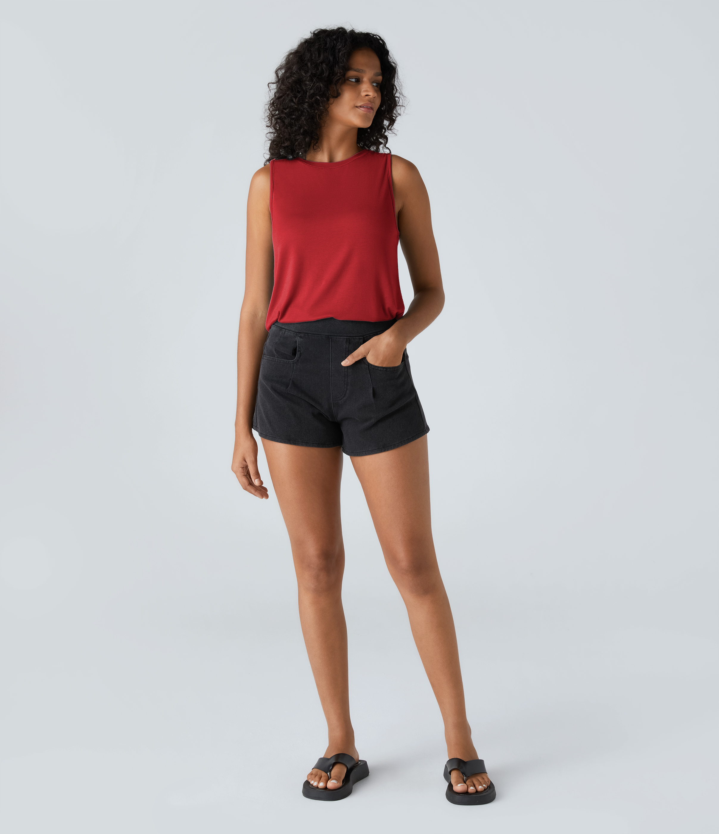 Halara Ribbed Round Neck Basic Casual Tank Top Tank Top - Rubicondo - L golf tops halter top tunic tops sleeveless tops backless top 