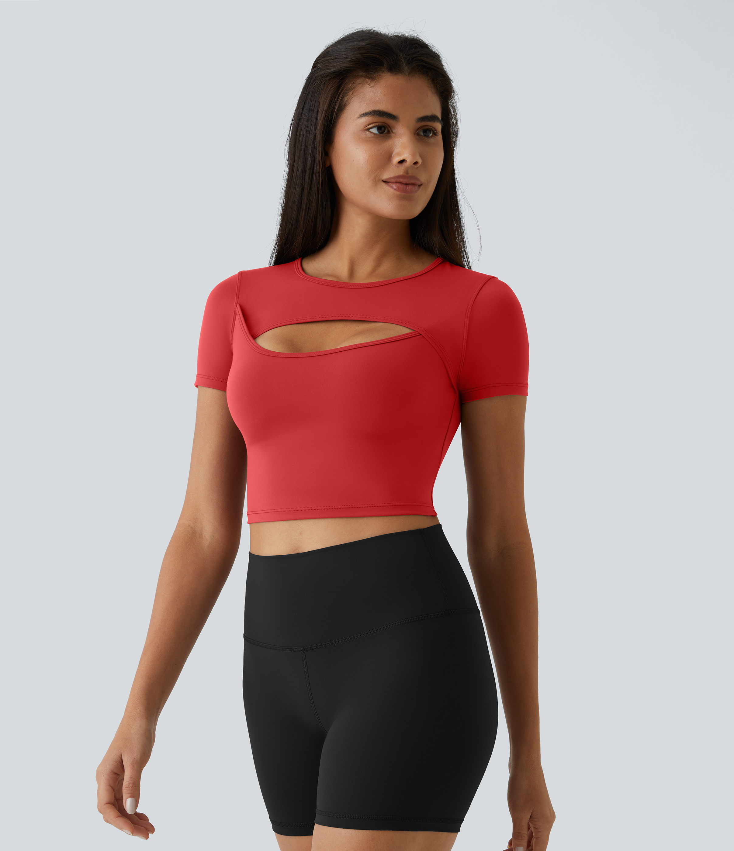 Halara Cloudfulв„ў Fabric Round Neck Cut Out Short Sleeve Cropped Barre Ballet Dance Sports Top  - Poinsettia - XL 