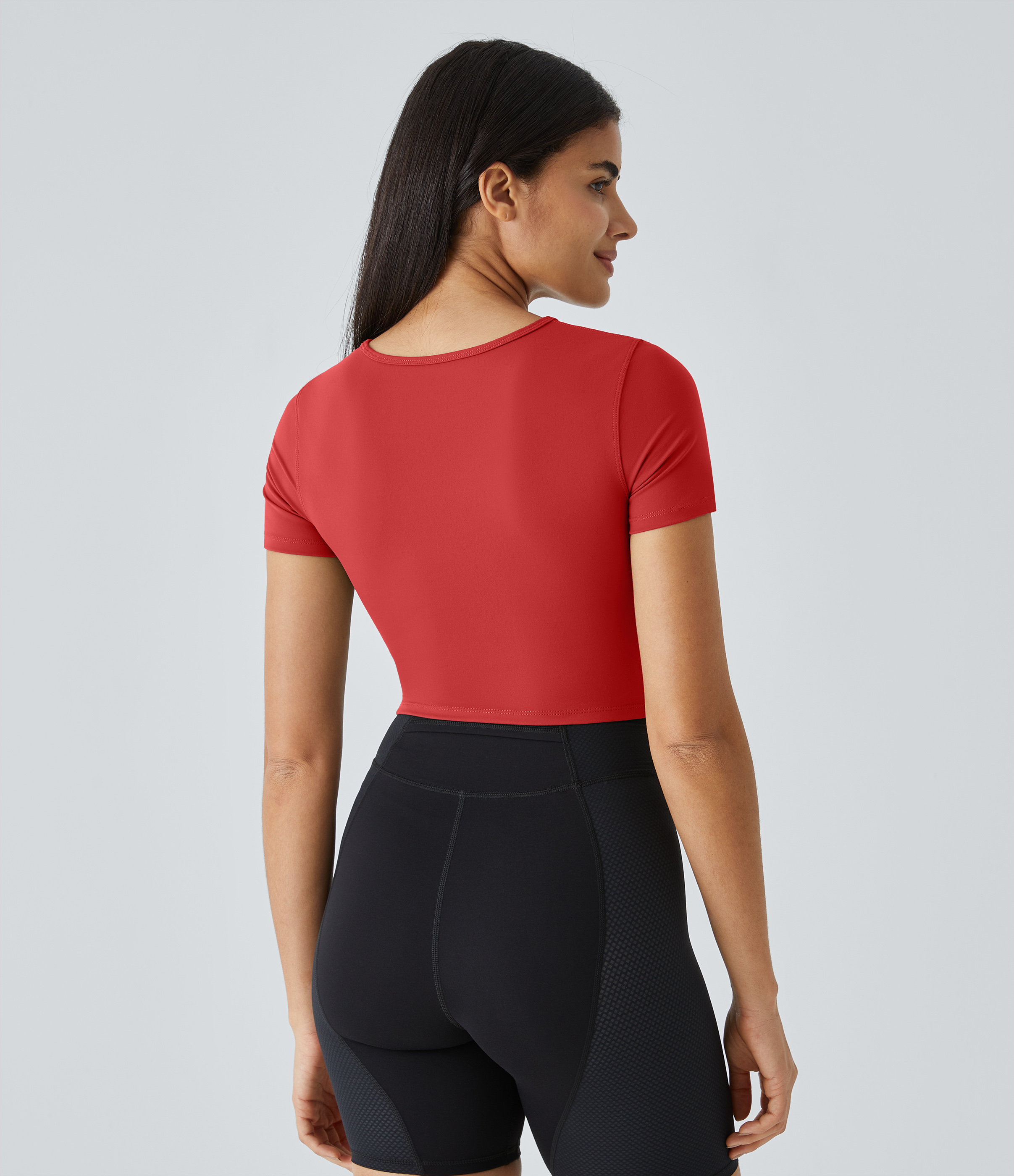 Halara Cloudfulв„ў Fabric Round Neck Cut Out Short Sleeve Cropped Barre Ballet Dance Sports Top  - Poinsettia - XL 