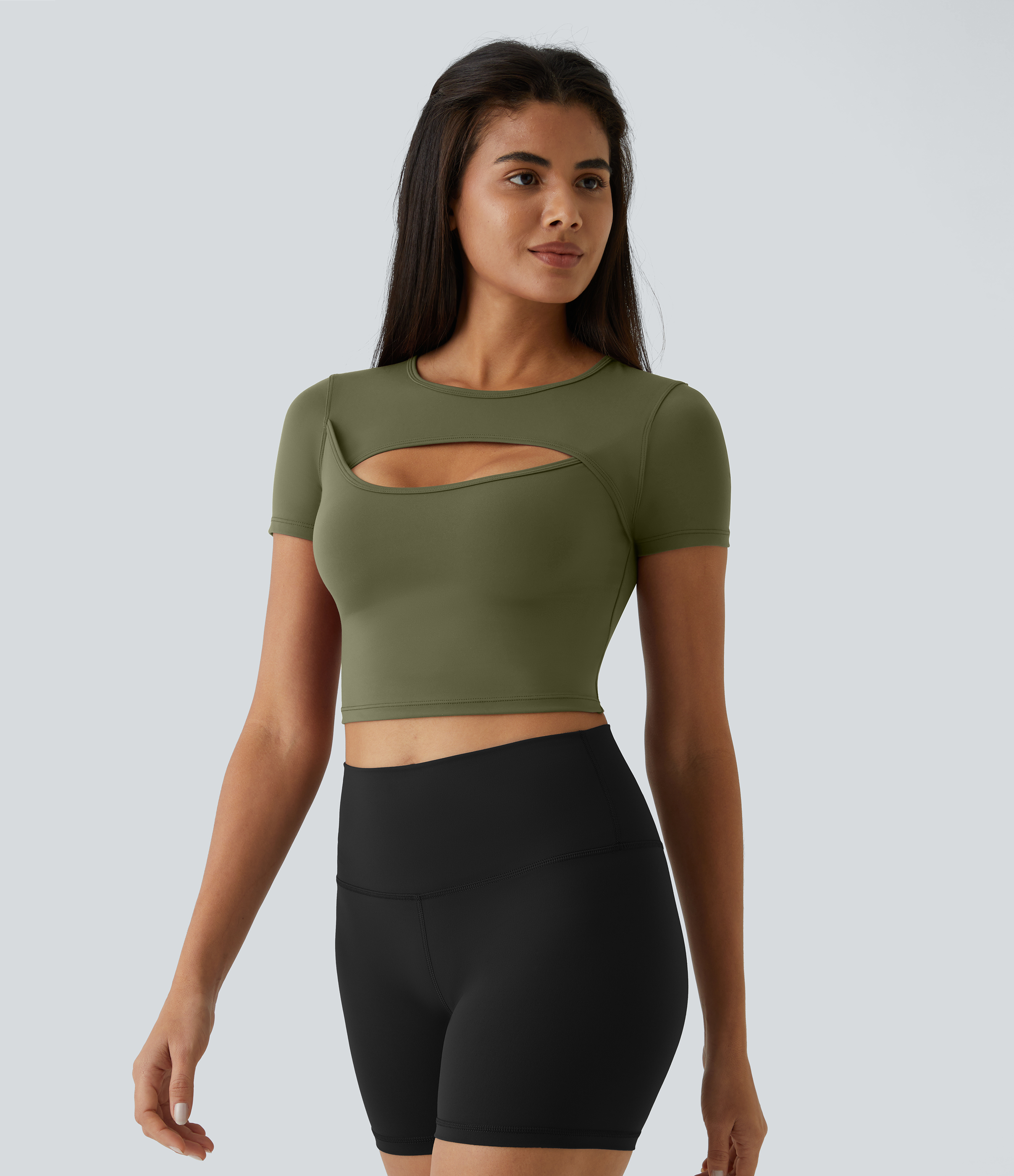 Halara Cloudfulв„ў Fabric Round Neck Cut Out Short Sleeve Cropped Barre Ballet Dance Sports Top  - Grass Grey Green - XS 