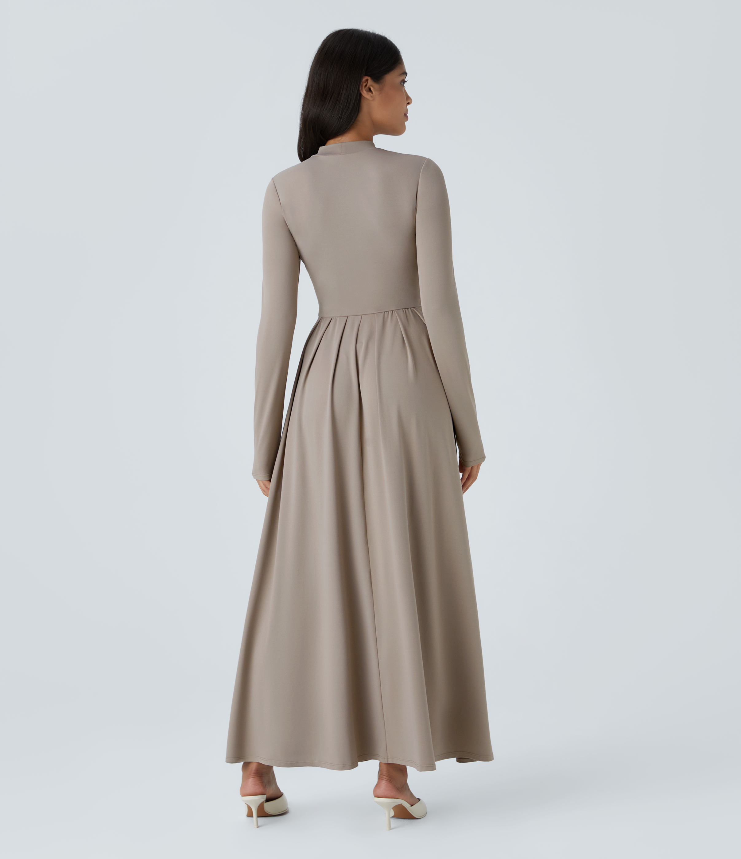 Halara Stand Collar Long Sleeve Plicated Side Pocket Flare Maxi Casual Dress Casual Dress - Weathered Teak - XL slip dress beach dress 