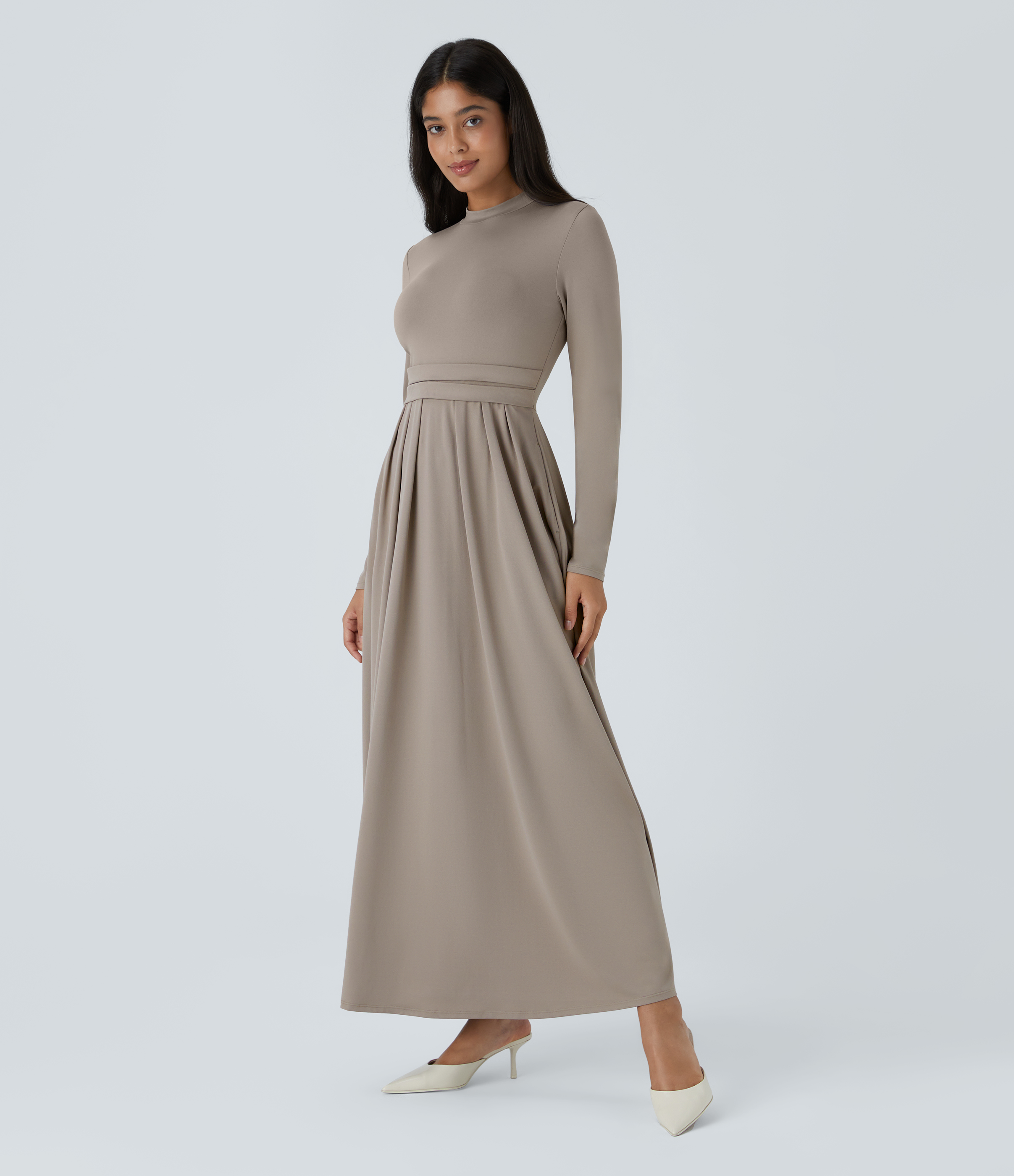 Halara Stand Collar Long Sleeve Plicated Side Pocket Flare Maxi Casual Dress Casual Dress - Weathered Teak - XL slip dress beach dress 