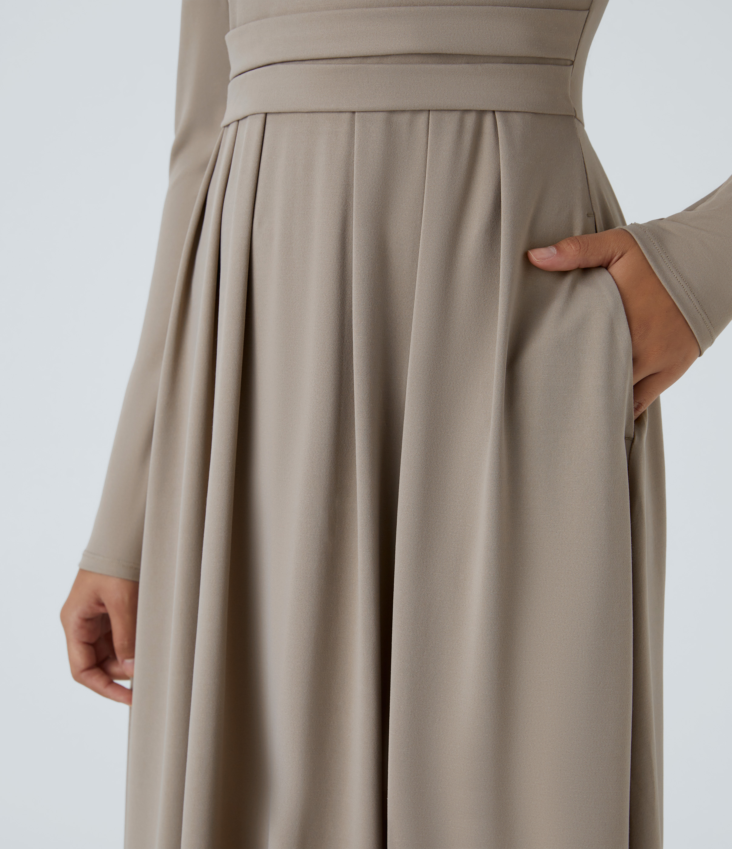 Halara Stand Collar Long Sleeve Plicated Side Pocket Flare Maxi Casual Dress Casual Dress - Weathered Teak - XL slip dress beach dress 