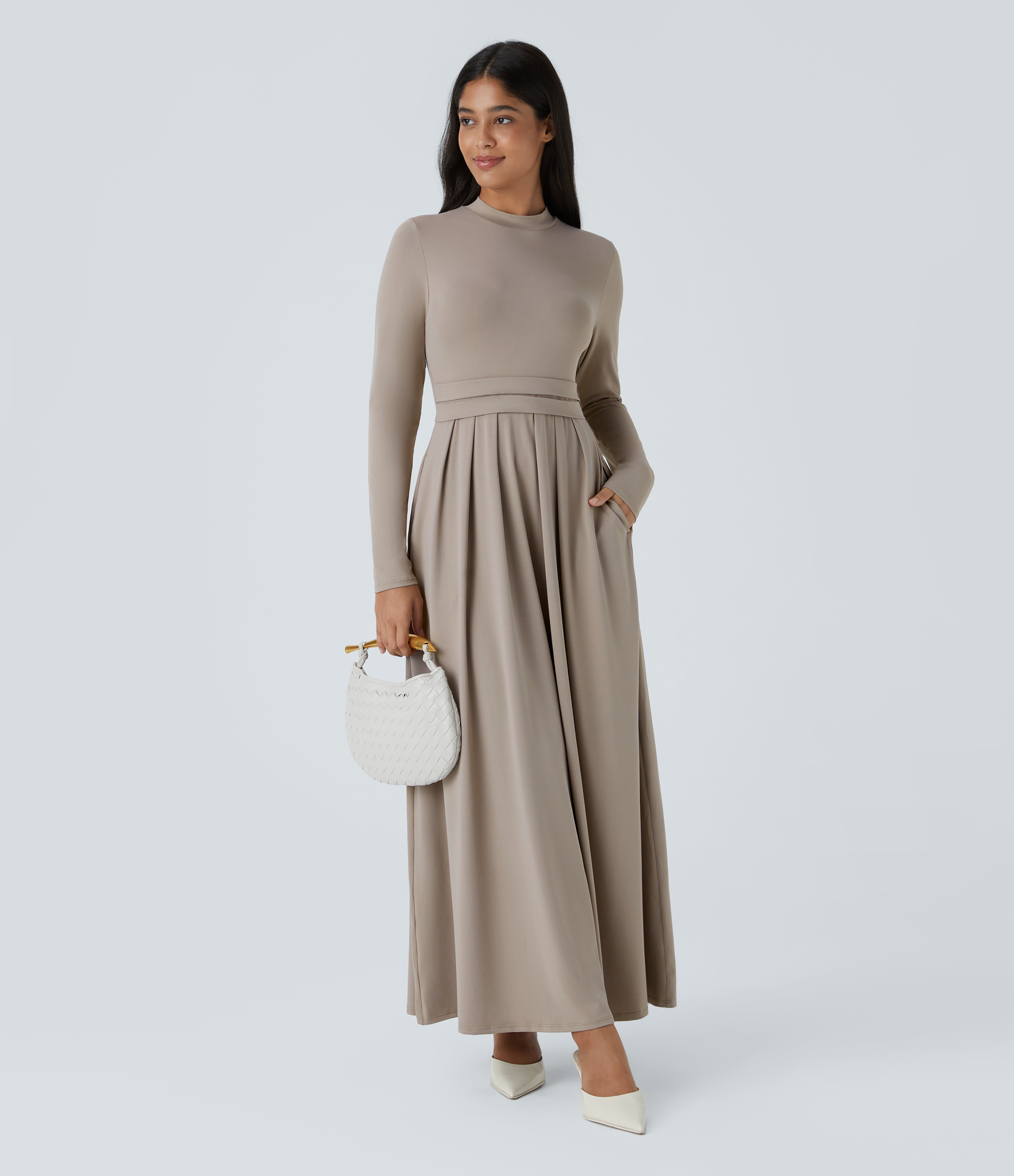 Halara Stand Collar Long Sleeve Plicated Side Pocket Flare Maxi Casual Dress Casual Dress - Weathered Teak - XL slip dress beach dress 