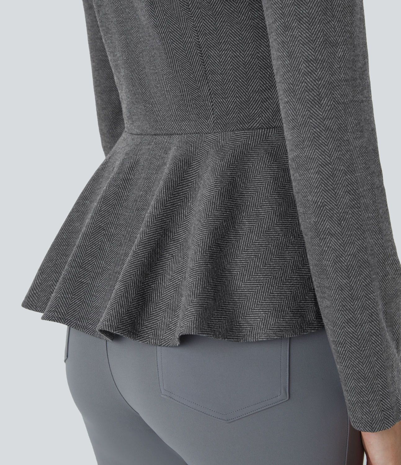 Halara Collared Button Long Sleeve Ruffle Hem Herringbone Work Jacket  - Hemp Black Leaf Texture - M 