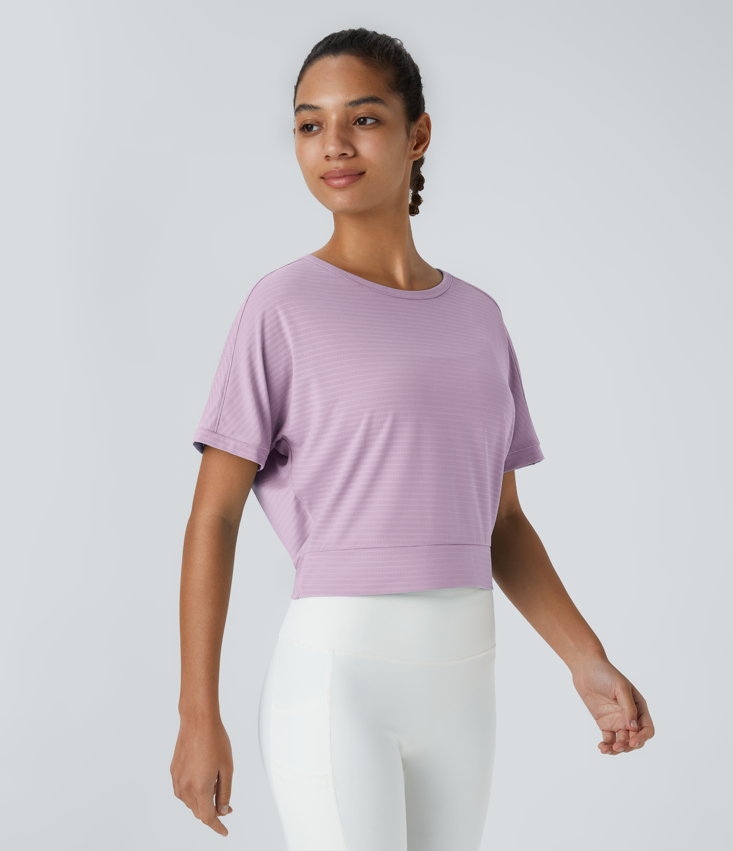 Halara Short Sleeve Twisted Cut Out Yoga Sports Top  - Lavender Fog - S 