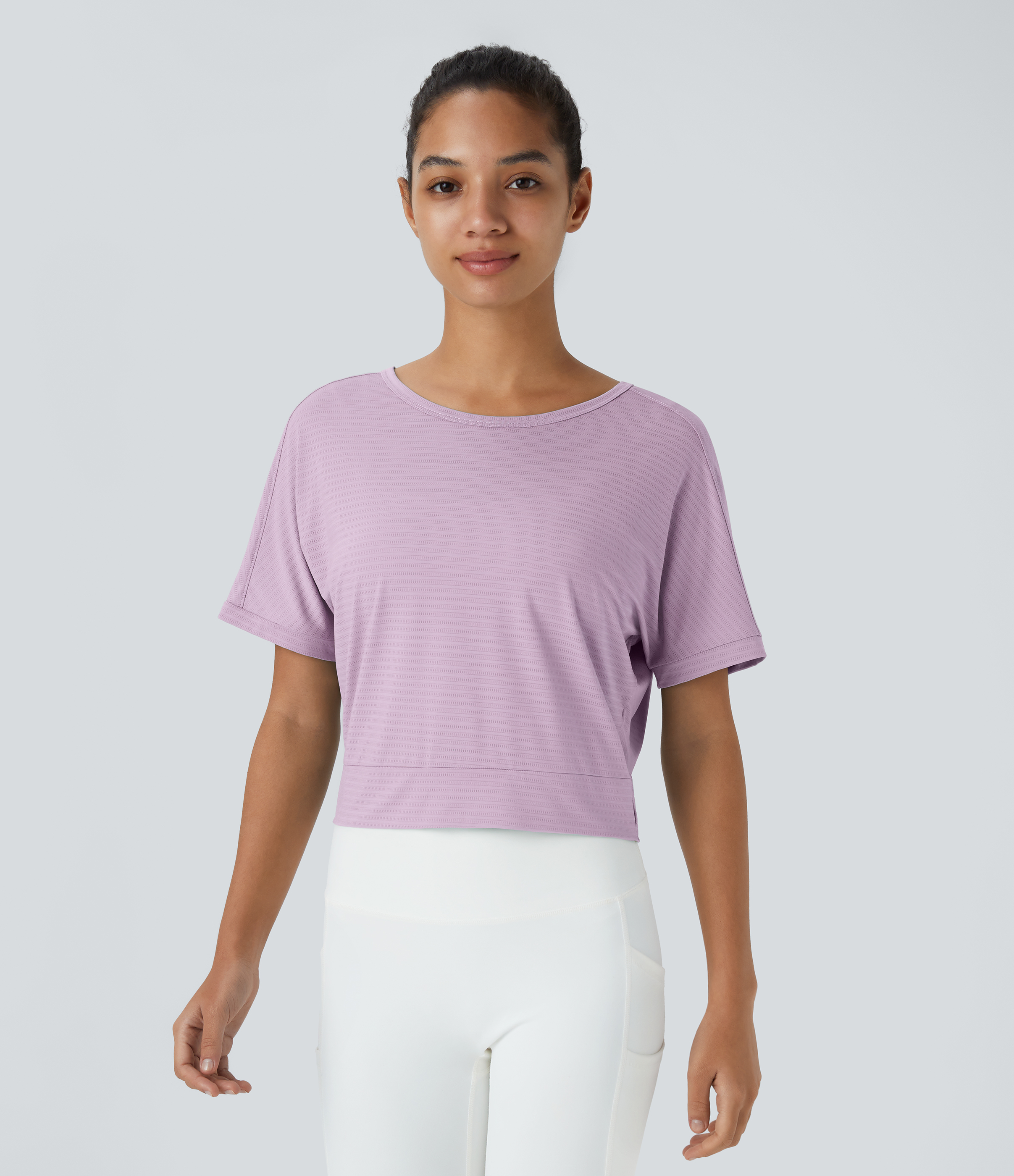Halara Short Sleeve Twisted Cut Out Yoga Sports Top  - Lavender Fog - S 