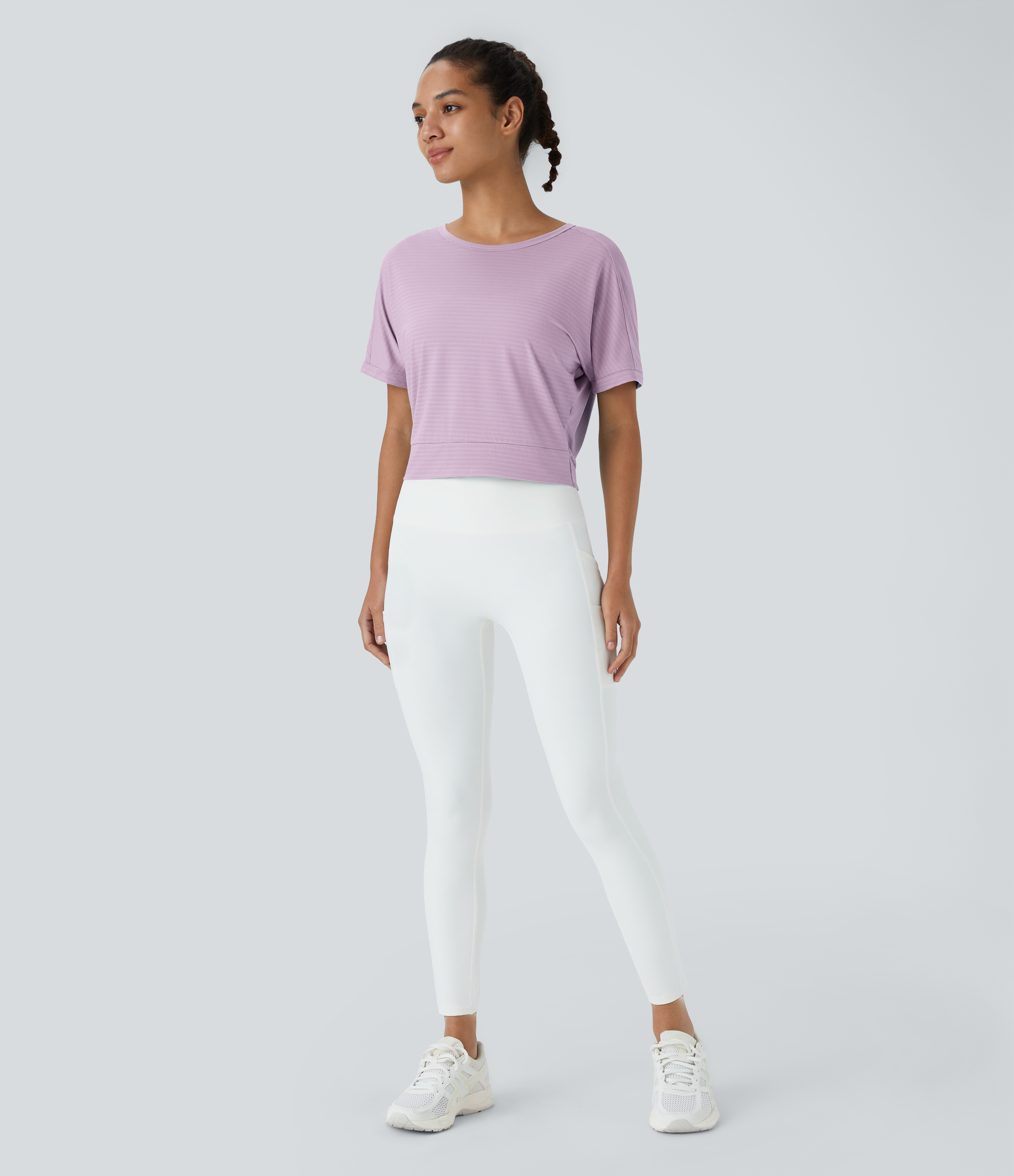Halara Short Sleeve Twisted Cut Out Yoga Sports Top  - Lavender Fog - S 