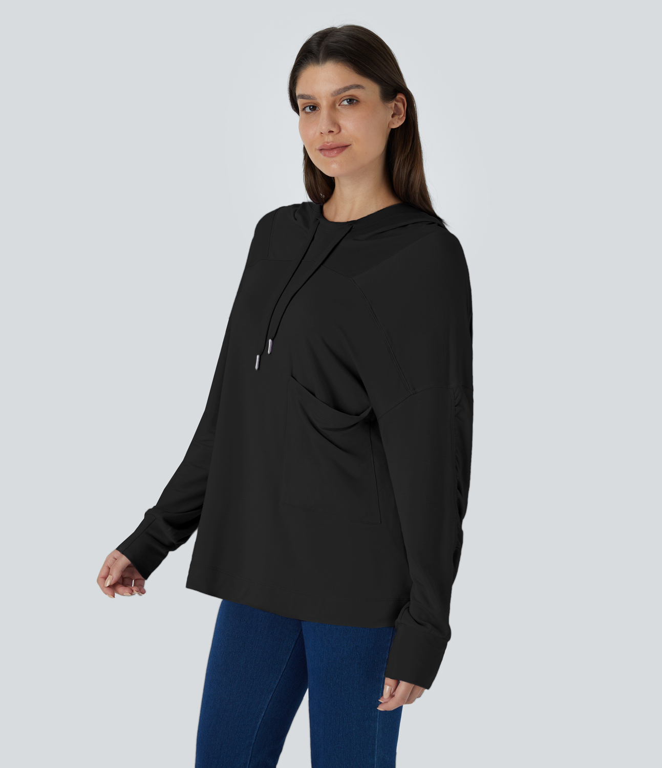 Halara Hooded Drawstring Dropped Shoulder Chest Pocket Oversize Casual Sweatshirt  - Black - XL 