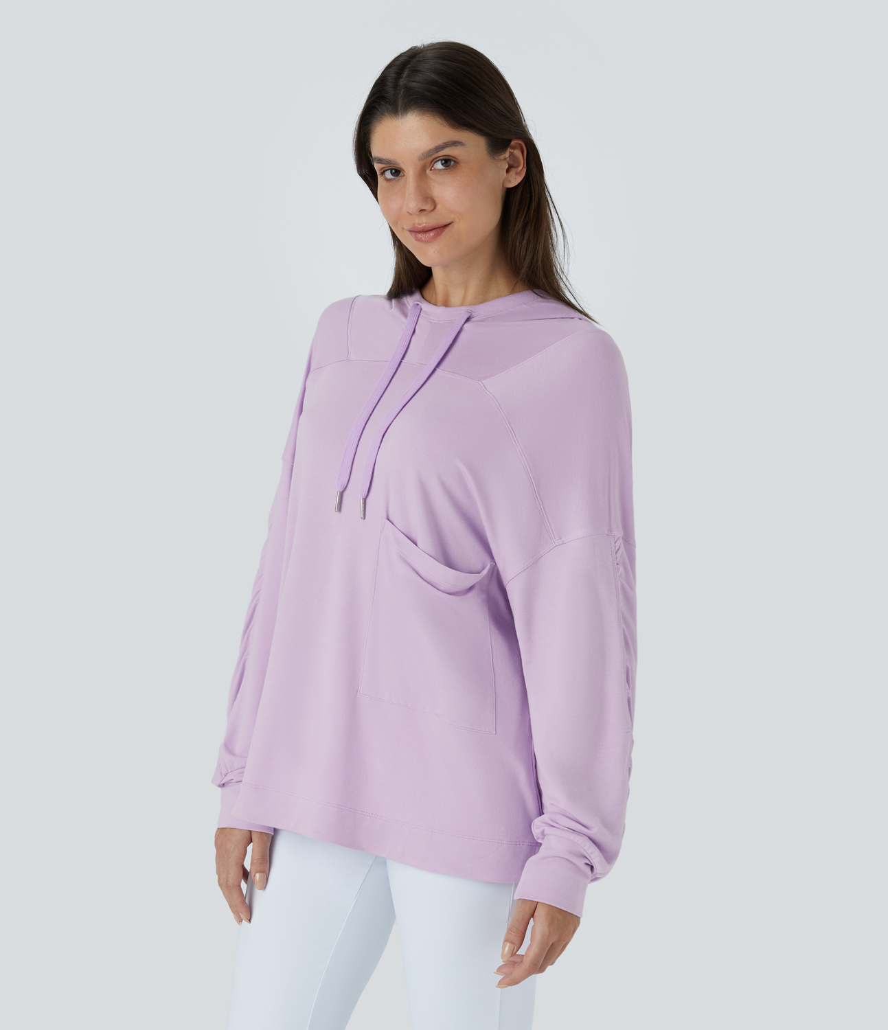 Halara Hooded Drawstring Dropped Shoulder Chest Pocket Oversize Casual Sweatshirt  - Misty Purple - XS 