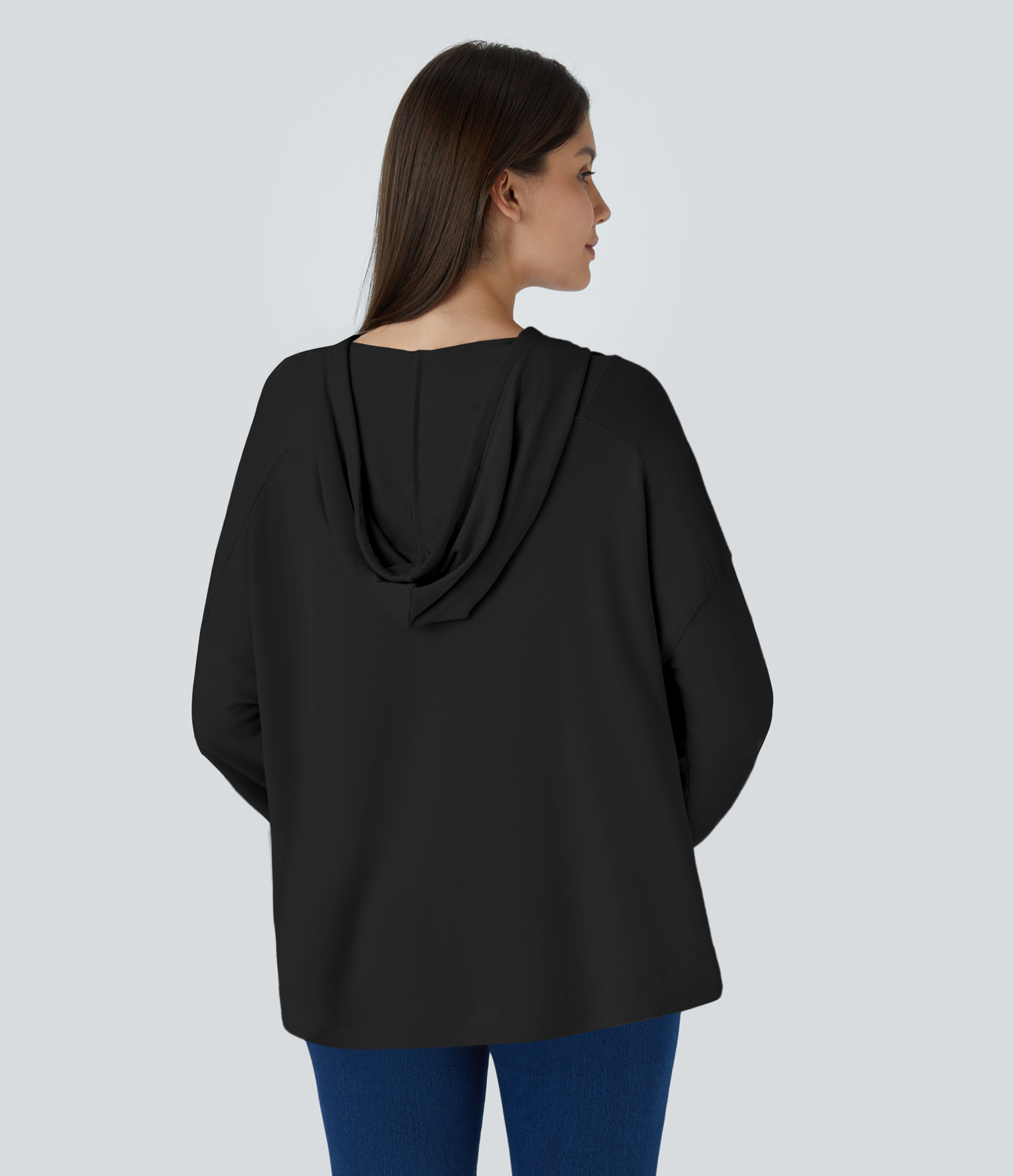Halara Hooded Drawstring Dropped Shoulder Chest Pocket Oversize Casual Sweatshirt  - Black - XL 