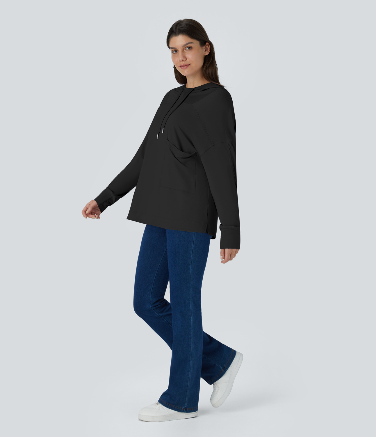 Halara Hooded Drawstring Dropped Shoulder Chest Pocket Oversize Casual Sweatshirt  - Black - XL 