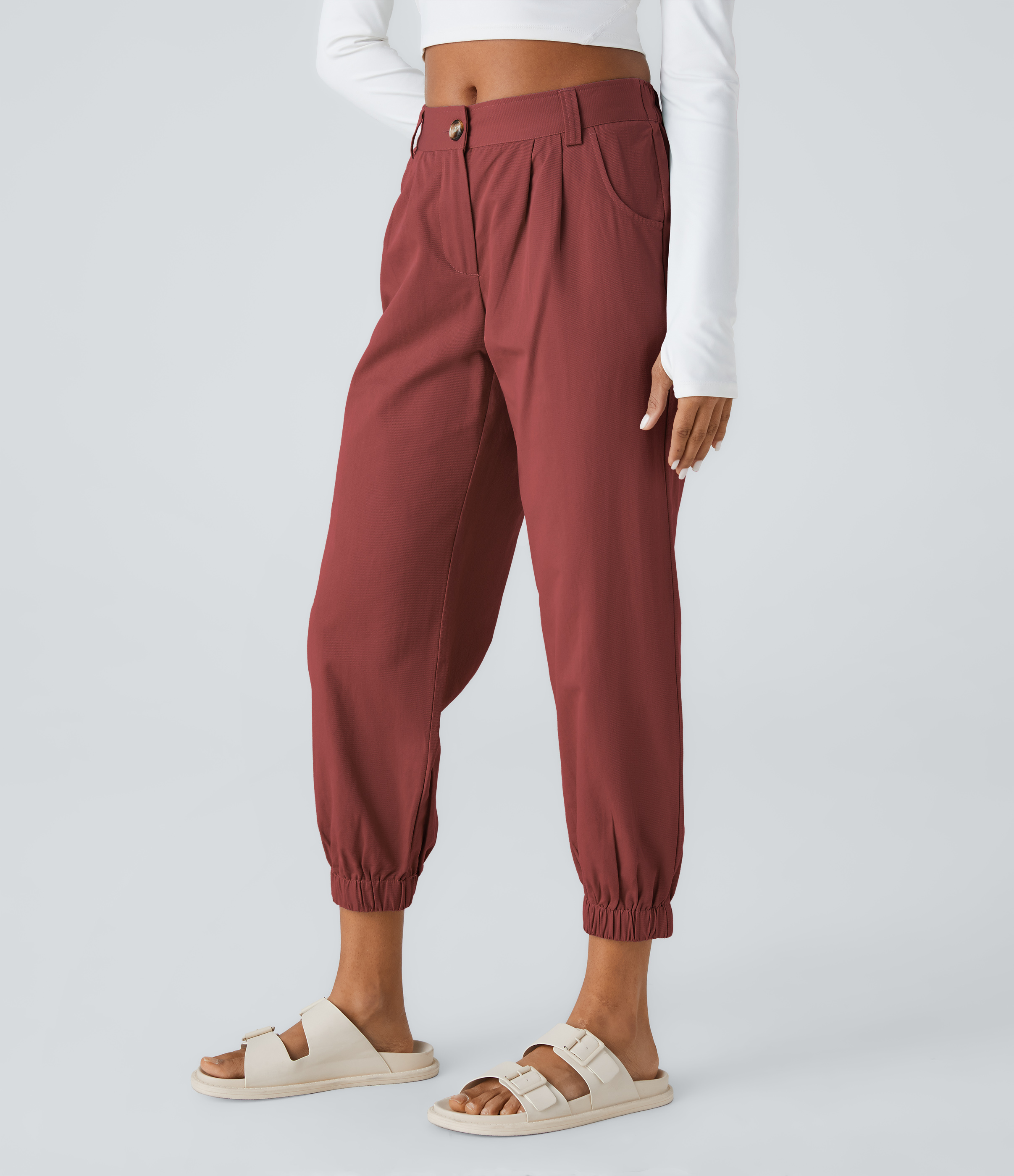 Halara Mid Rise Button Zipper Side Pocket Casual Cotton Joggers  - Russet Brown - XS(regular) 