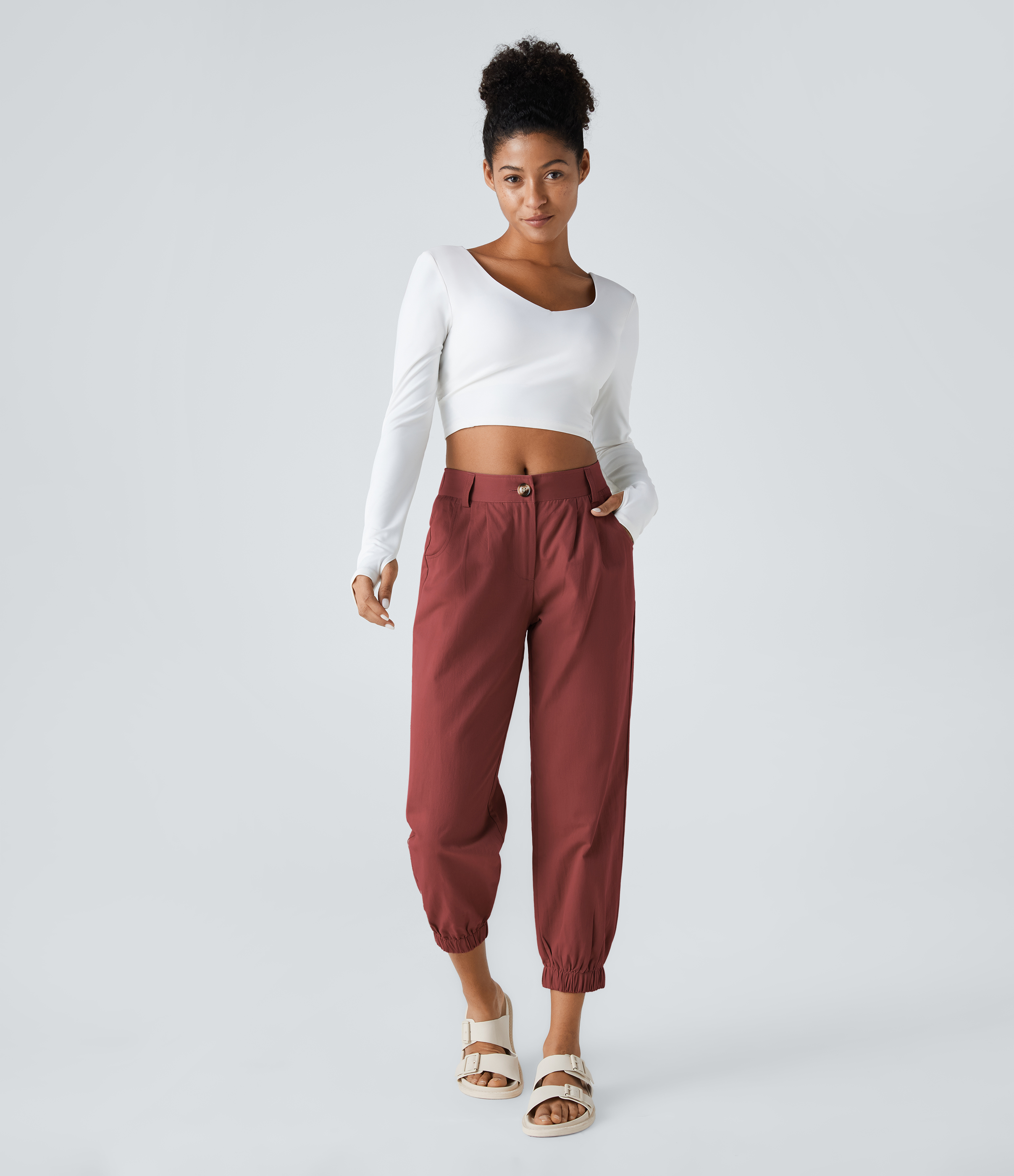 Halara Mid Rise Button Zipper Side Pocket Casual Cotton Joggers  - Russet Brown - XS(regular) 