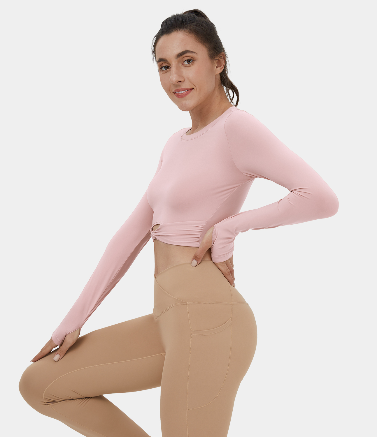 Cut Out Twisted Thumb Hole Cropped Yoga Sports Top für Frauen HALARA