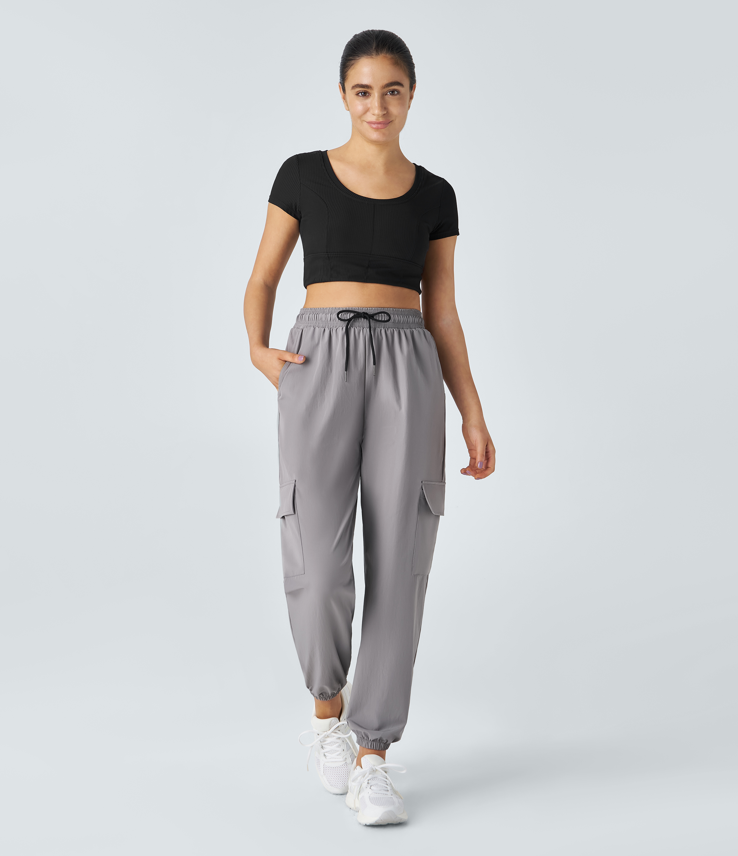 Halara Mid Rise Drawstring Side Pocket Casual Cargo Joggers  - Mourning Dove - XS 