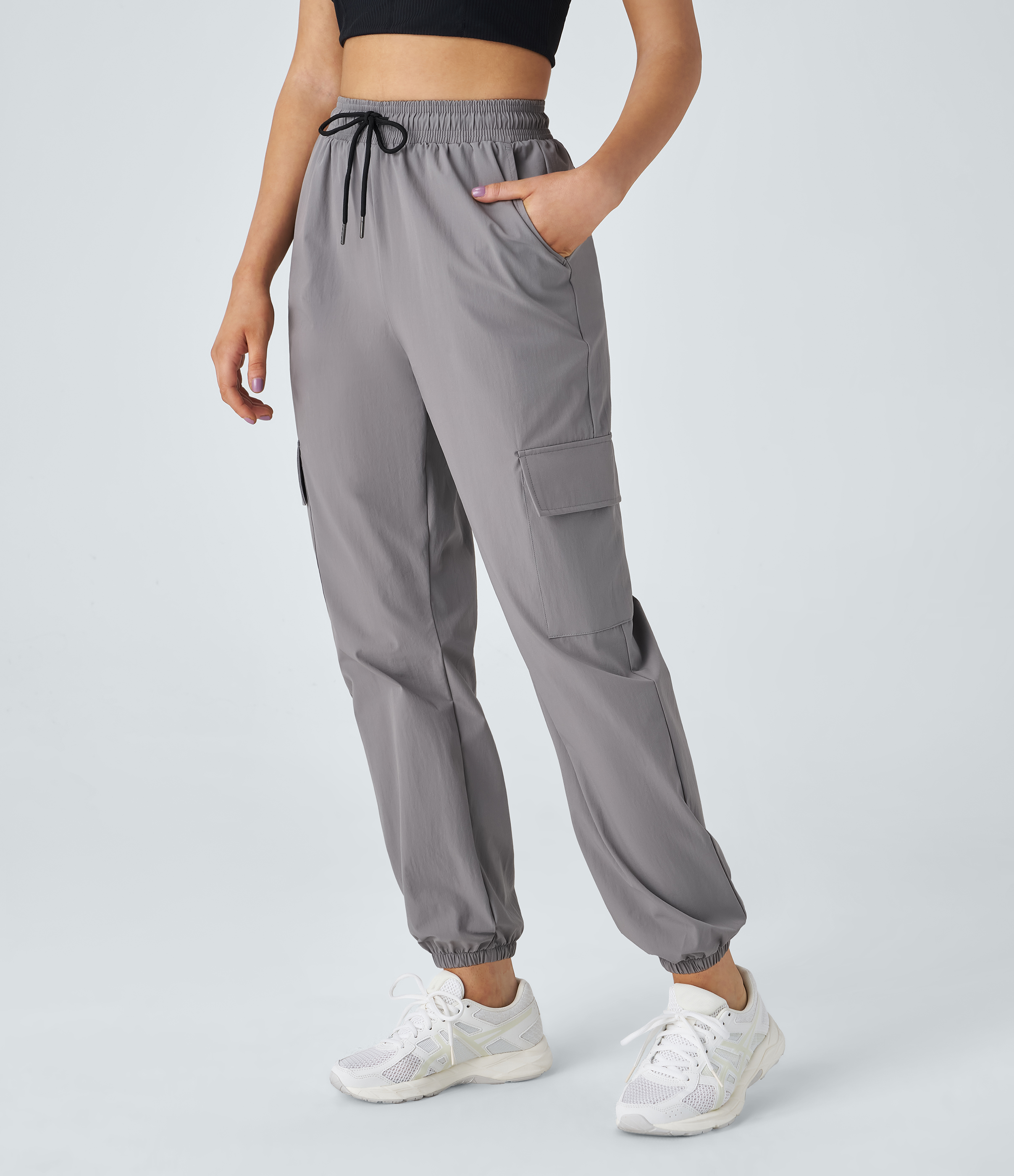Halara Mid Rise Drawstring Side Pocket Casual Cargo Joggers  - Mourning Dove - XS 