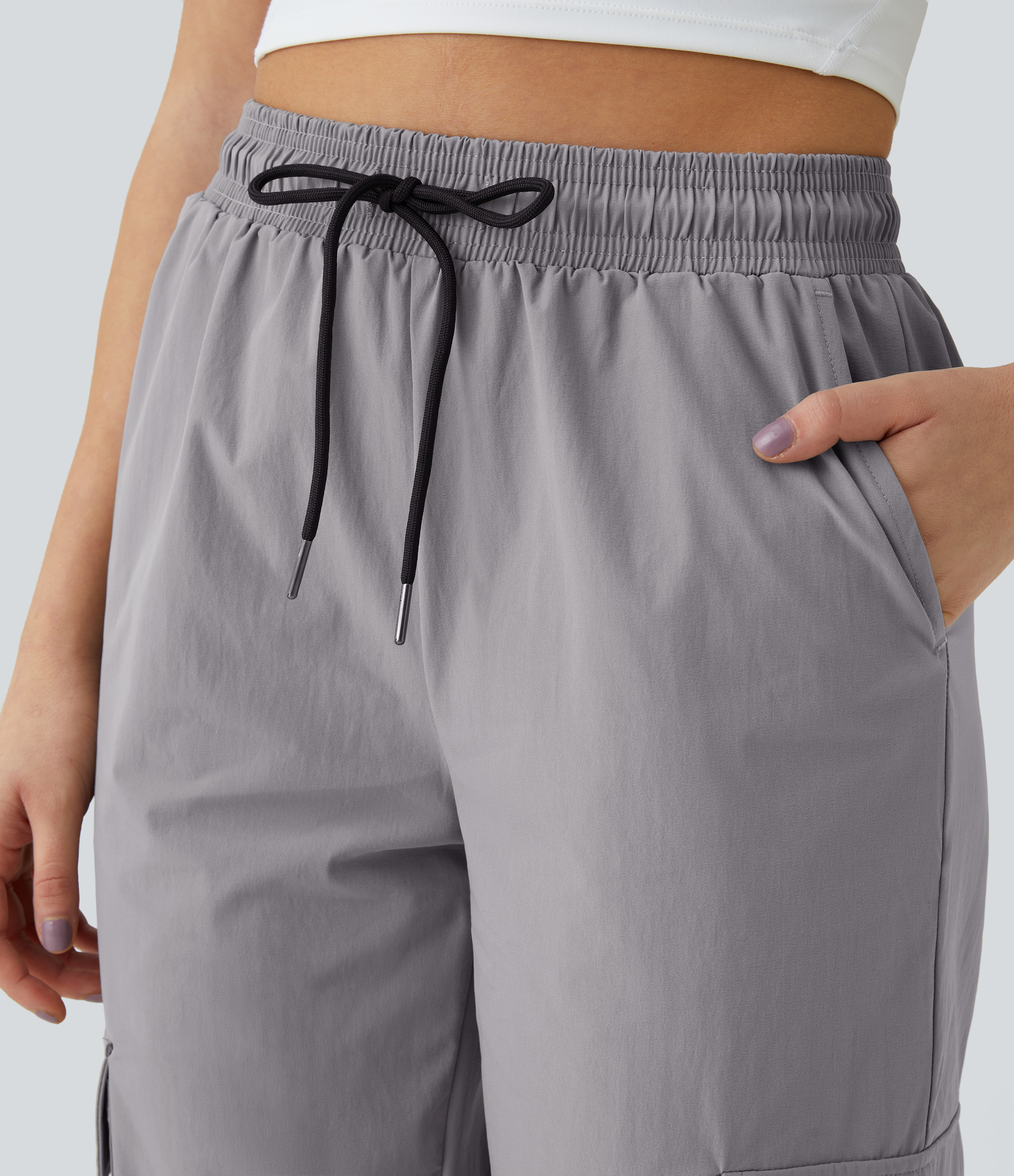 Halara Mid Rise Drawstring Side Pocket Casual Cargo Joggers  - Mourning Dove - XS 