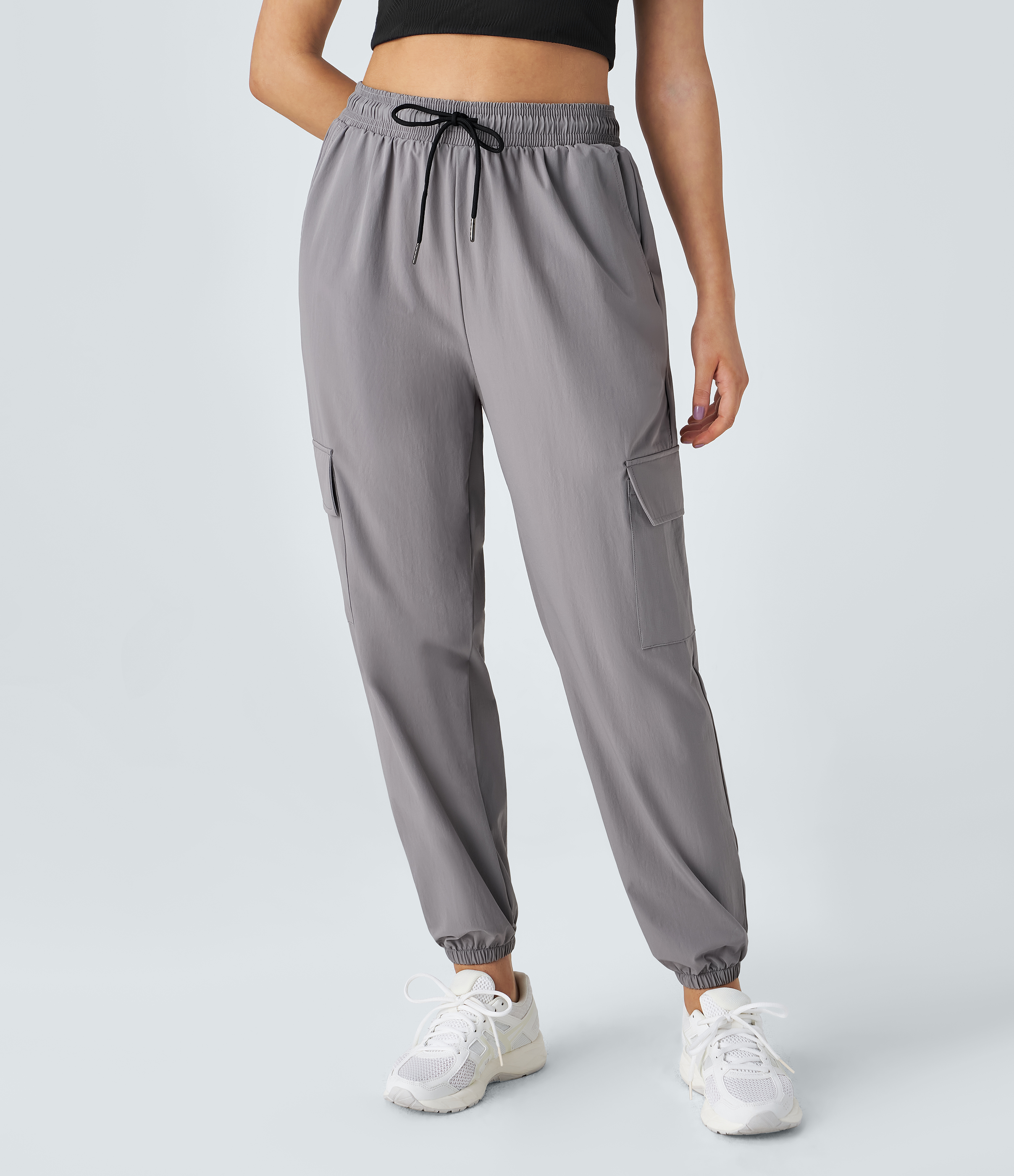 Halara Mid Rise Drawstring Side Pocket Casual Cargo Joggers  - Mourning Dove - XS 