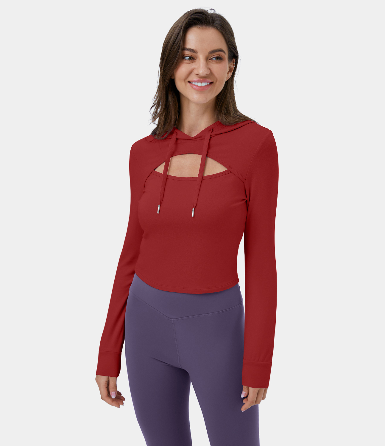 Halara Hooded Drawstring Cut Out Casual Hoodie Sweatshirt  - Red Dahlia - XS 