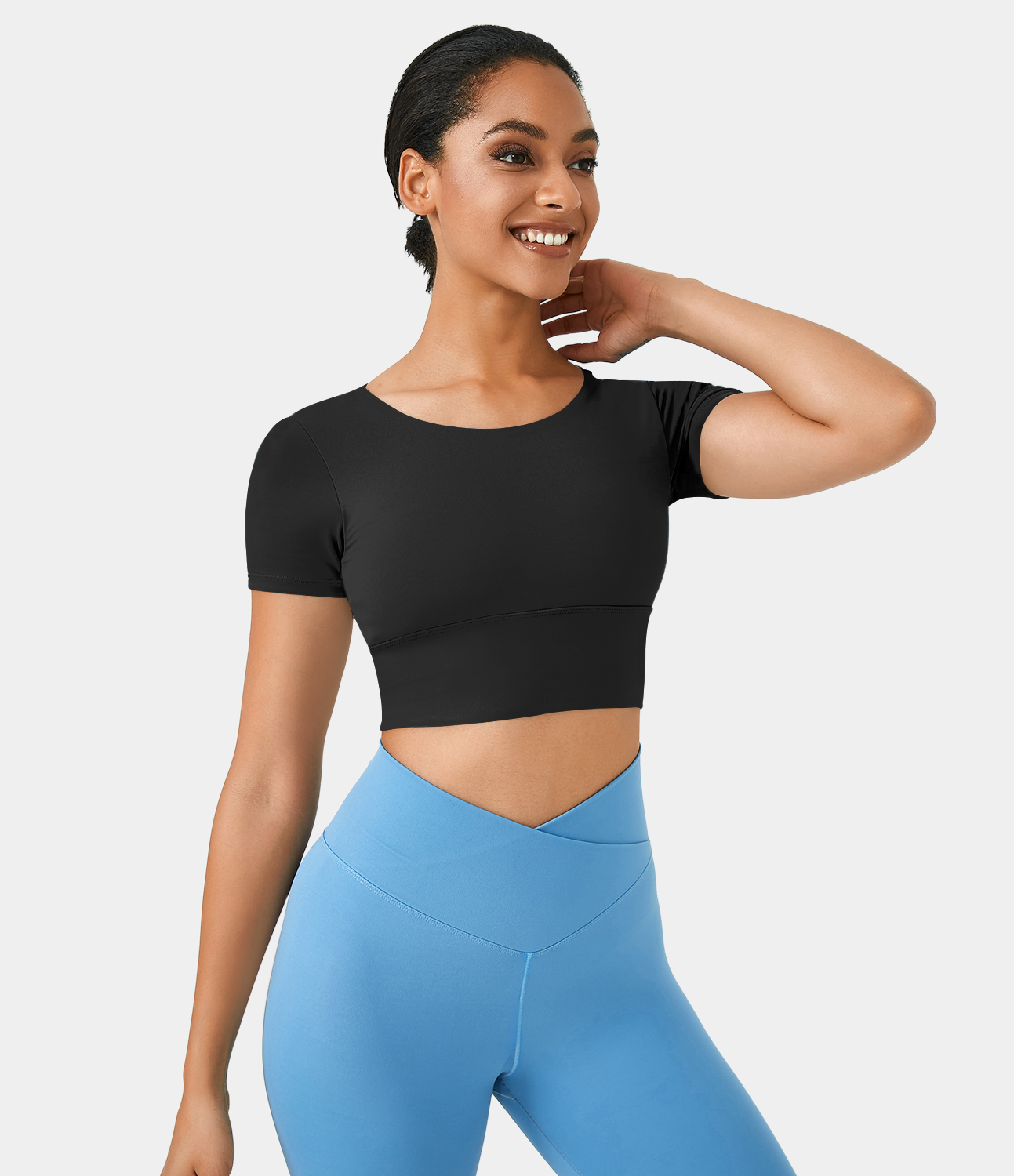 Halara Round Neck Short Sleeve Backless Crisscross Cropped Sports Top  - Black - L 