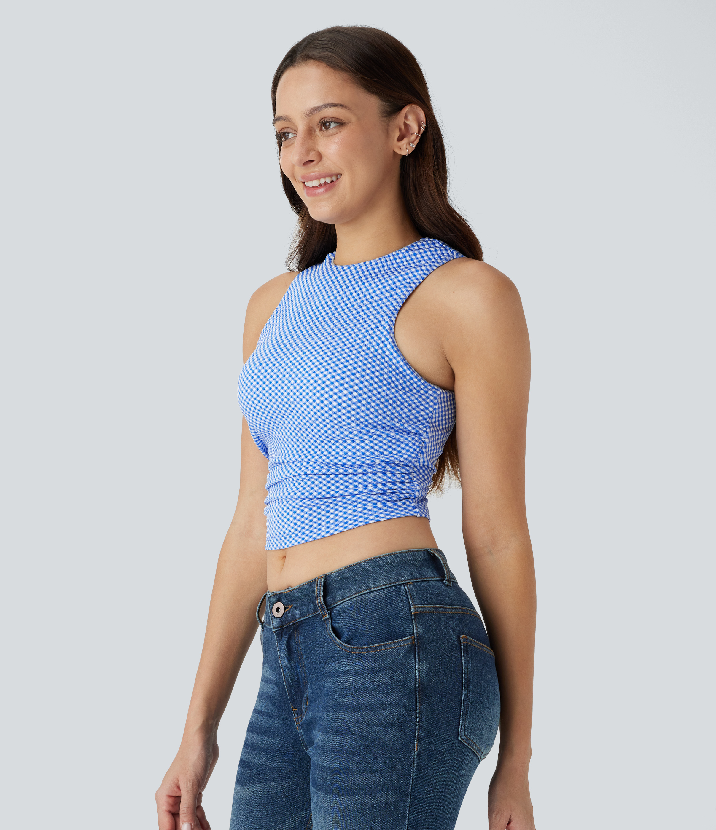 Halara Round Neck Sleeveless Ruched Plaid Cropped Casual Top Tank Top - Card Blue Diagonal Plaid - XL golf tops halter top tunic tops 