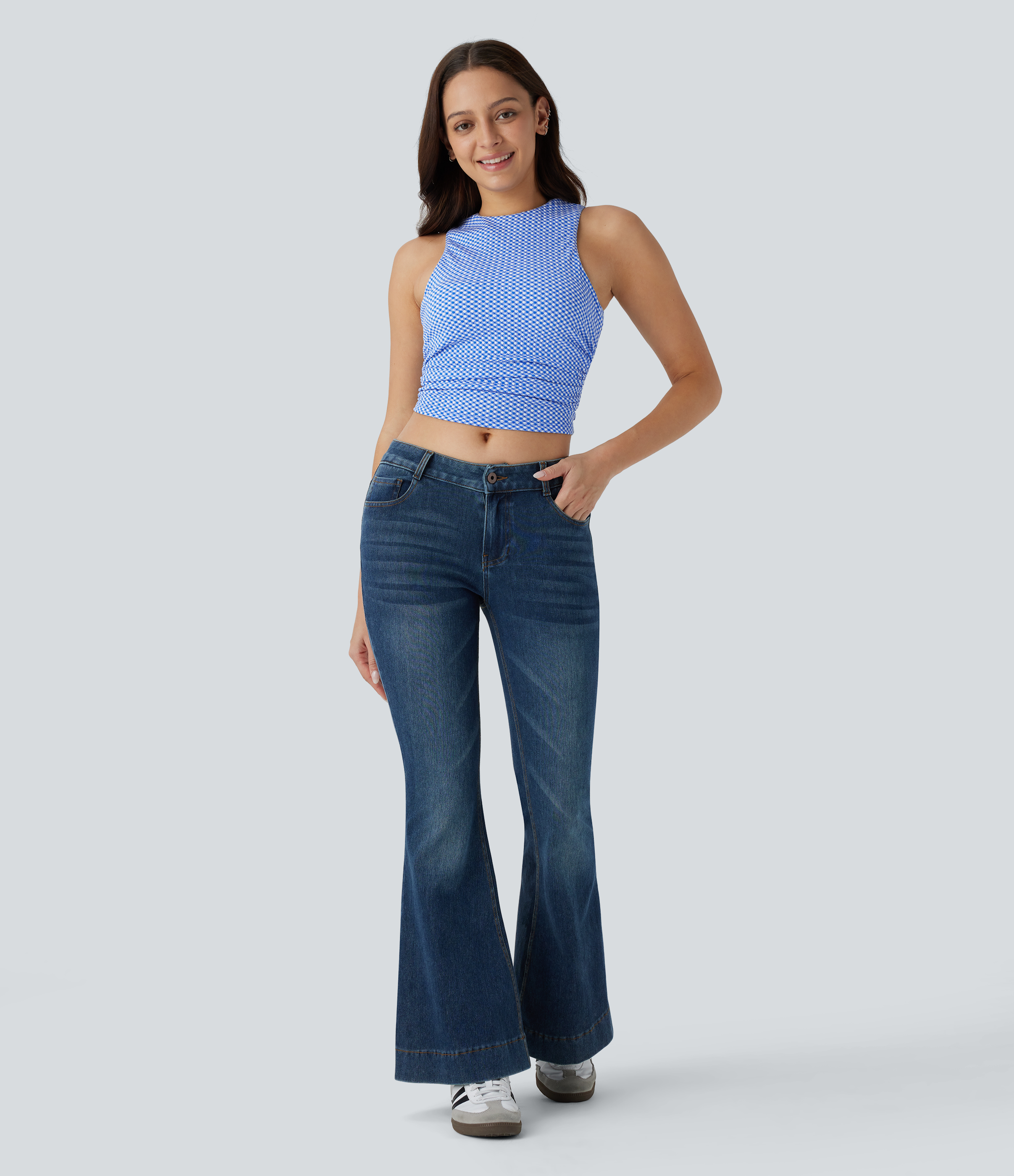 Halara Round Neck Sleeveless Ruched Plaid Cropped Casual Top Tank Top - Card Blue Diagonal Plaid - XL golf tops halter top tunic tops 