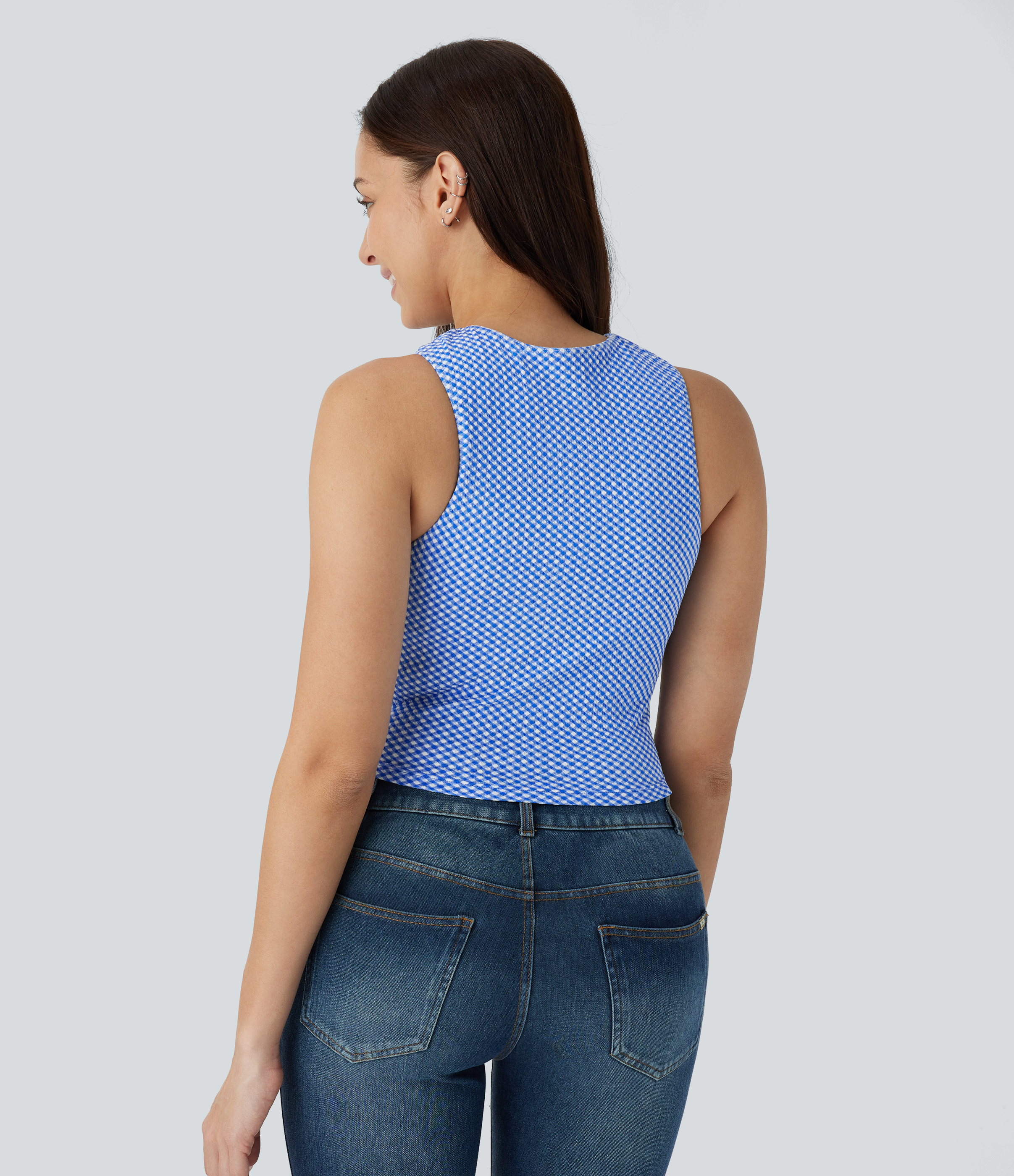 Halara Round Neck Sleeveless Ruched Plaid Cropped Casual Top Tank Top - Card Blue Diagonal Plaid - XL golf tops halter top tunic tops 