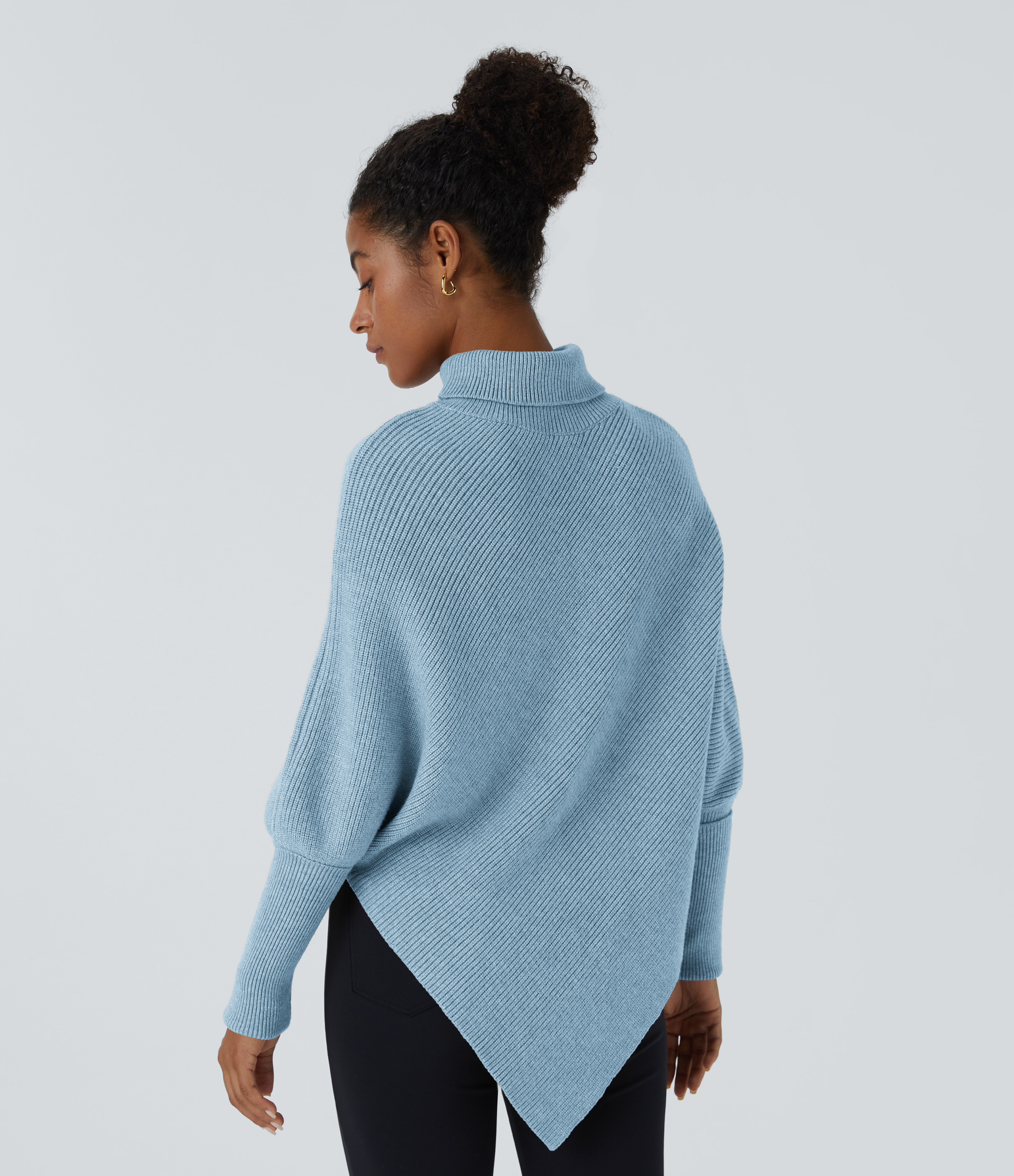 Halara High Neck Long Sleeve Asymmetric Hem Work Sweater  - Cool Blue - M 