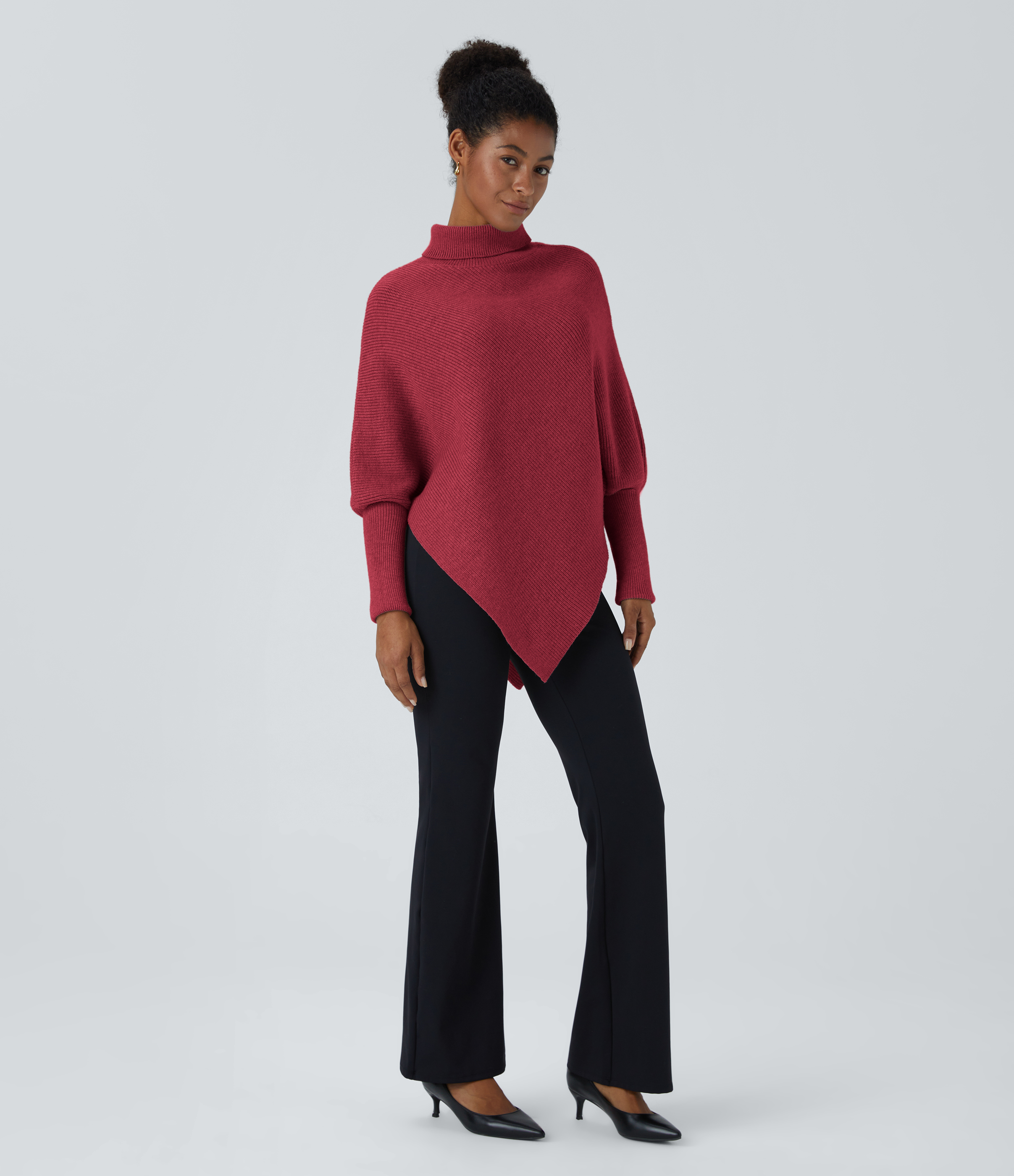 Halara High Neck Long Sleeve Asymmetric Hem Work Sweater  - Deep Claret - M 