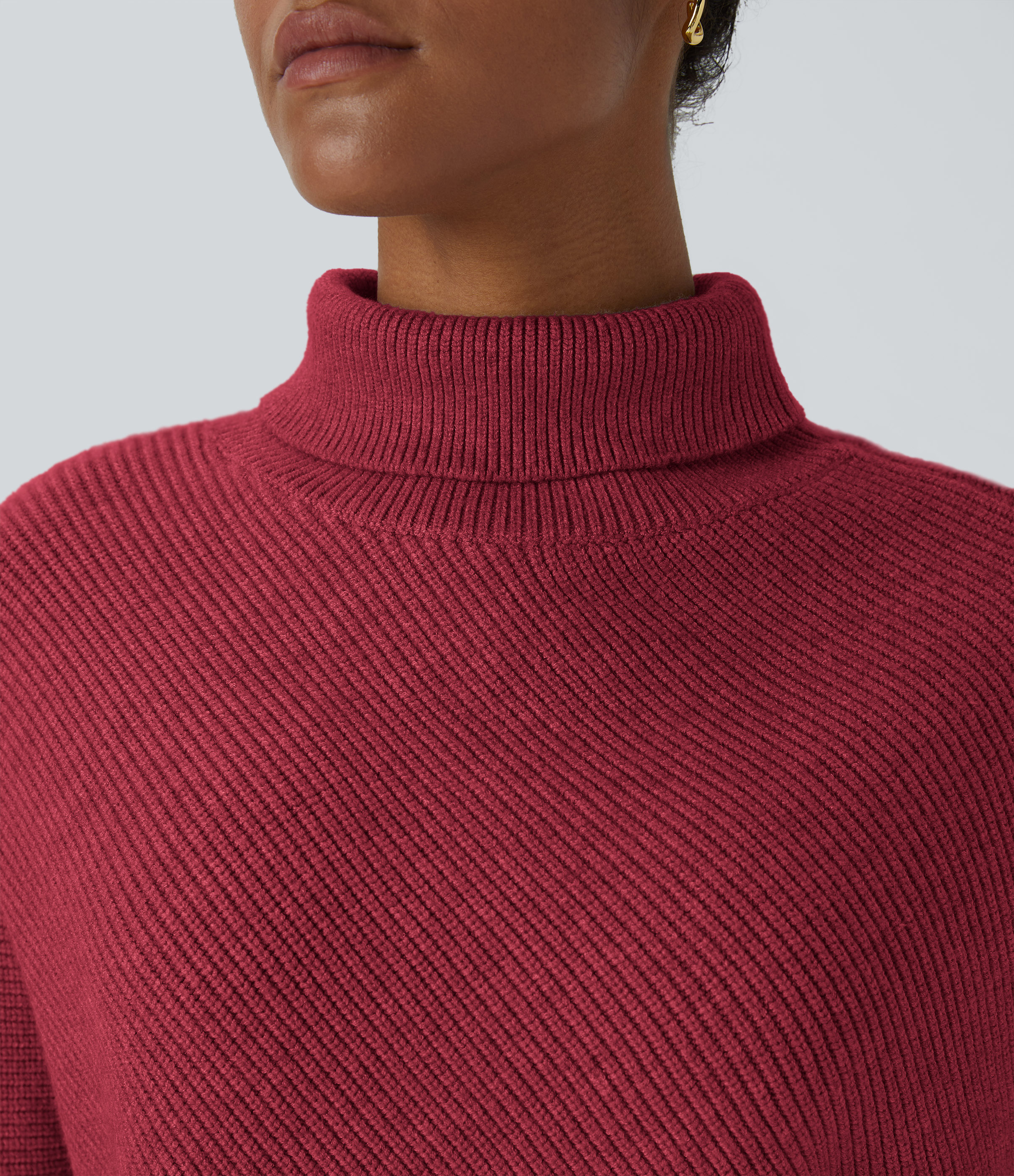 Halara High Neck Long Sleeve Asymmetric Hem Work Sweater  - Deep Claret - M 