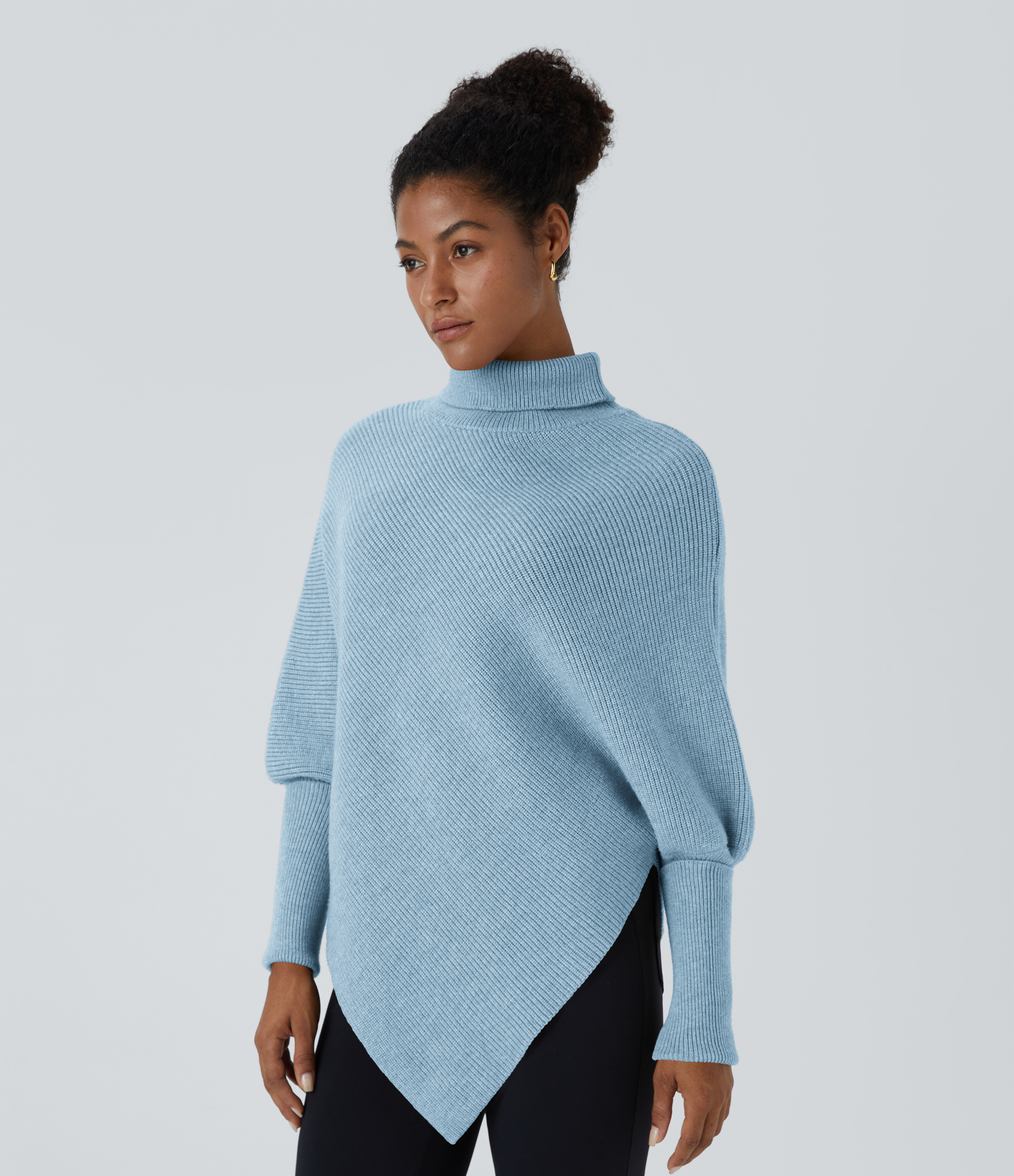 Halara High Neck Long Sleeve Asymmetric Hem Work Sweater  - Cool Blue - M 