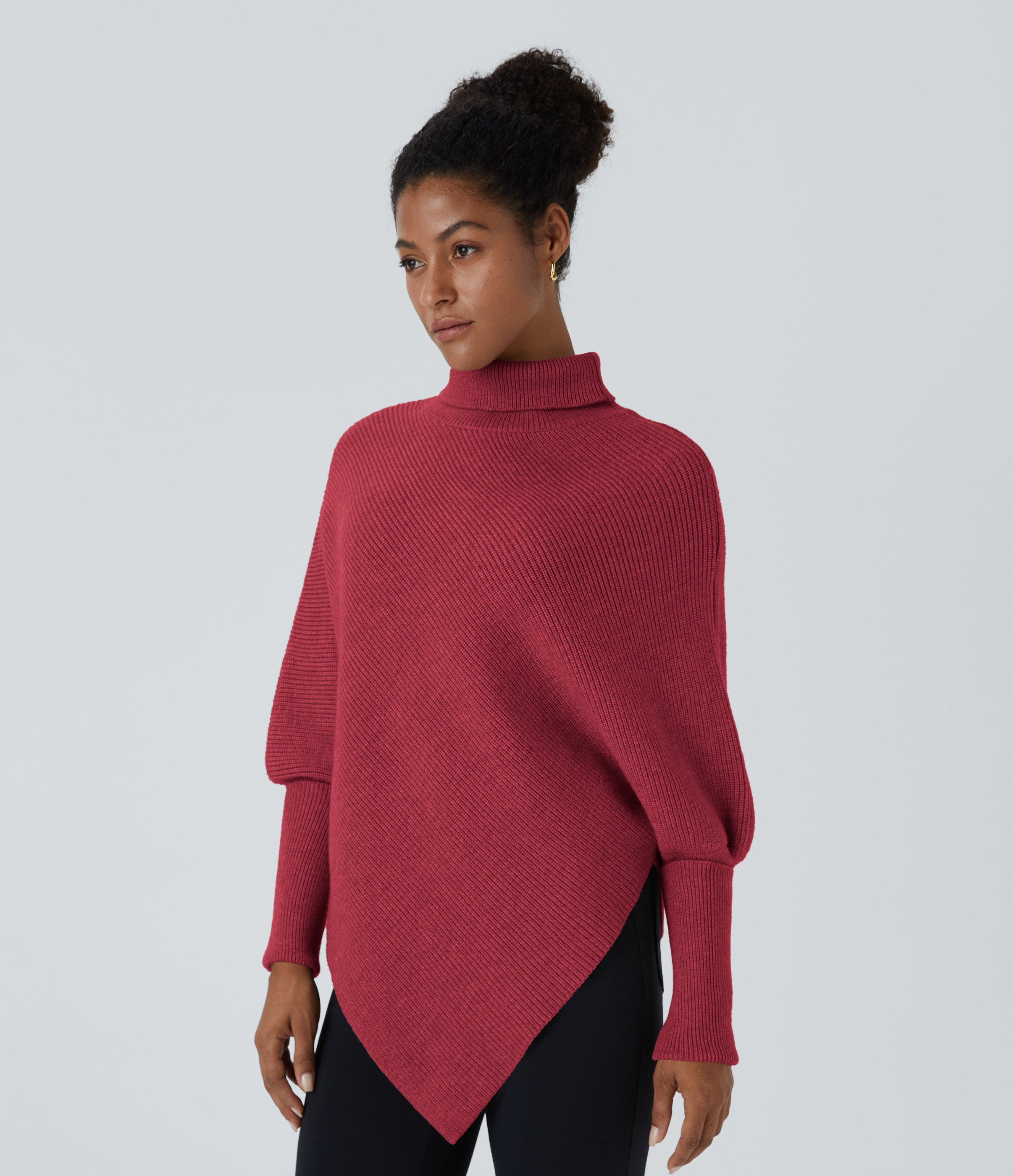 Halara High Neck Long Sleeve Asymmetric Hem Work Sweater  - Deep Claret - M 