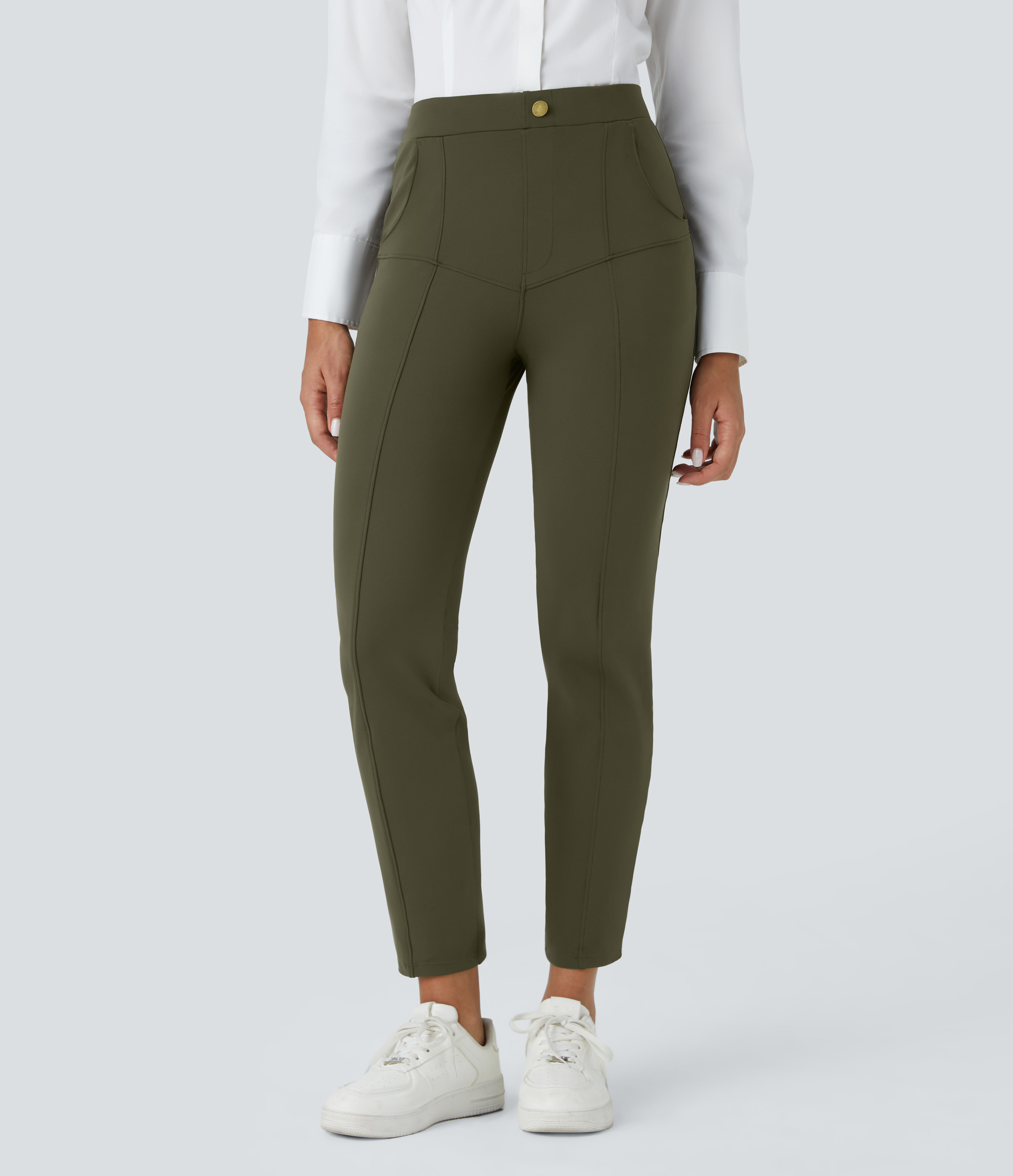 Halara EcoCloudfulв„ў Fabric High Waisted Multiple Pockets Solid Skinny Work Pants  - Lone Pine Green - S(regular) sweatpants jogger pants 