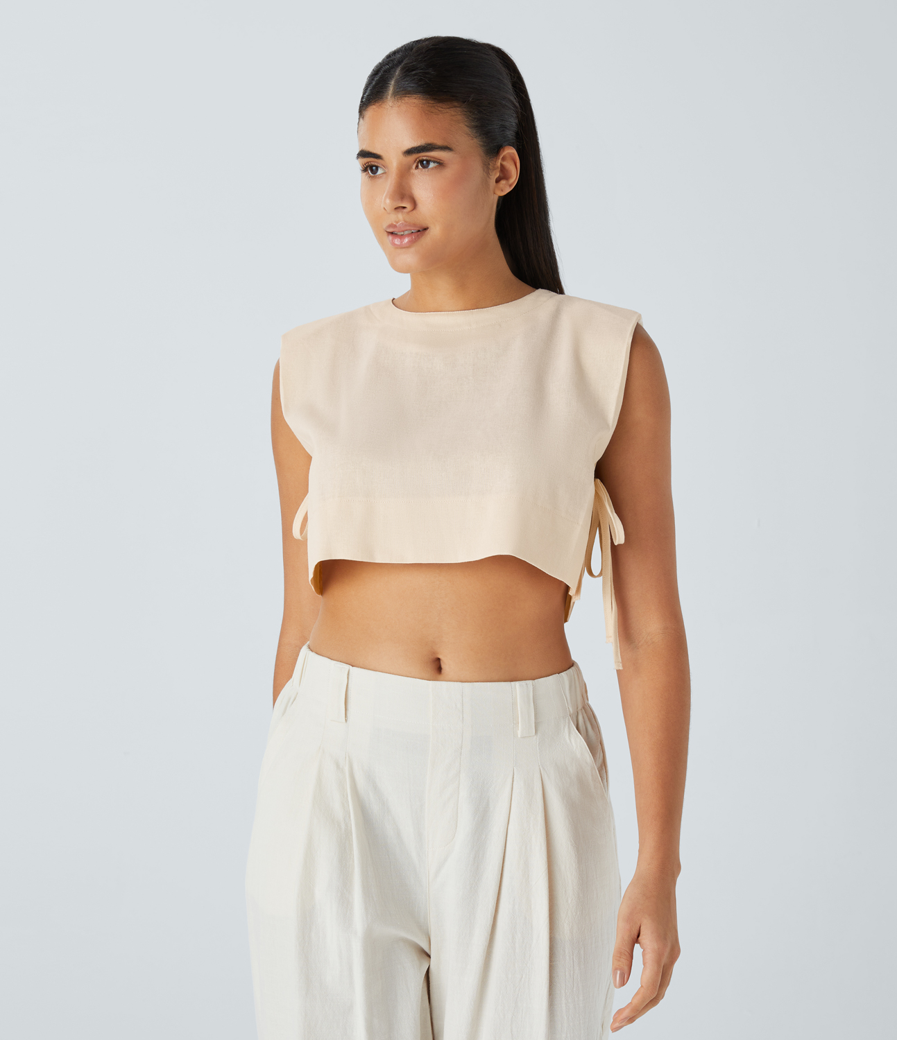 Halara Shoulder Pads Keyhole Back Tie Side Cropped Linen-Blend Resort Vest Tank Top - Whitecap Gray - XL golf tops halter top tunic tops 