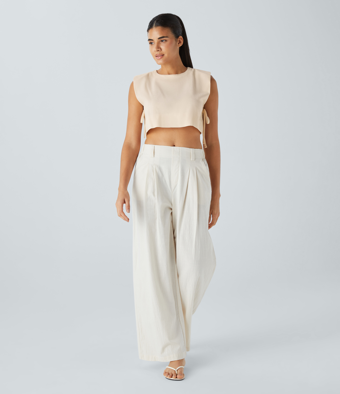 Halara Shoulder Pads Keyhole Back Tie Side Cropped Linen-Blend Resort Vest Tank Top - Whitecap Gray - XL golf tops halter top tunic tops 