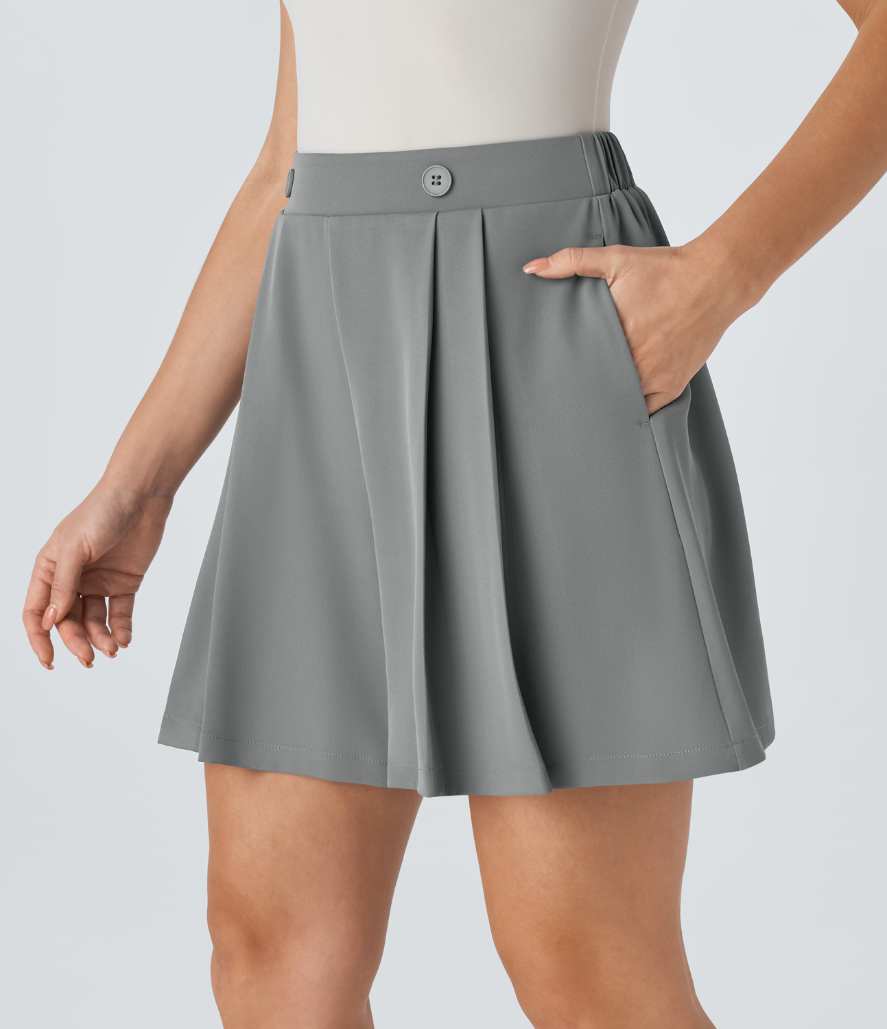Halara High Waisted Decorative Button Side Pocket Pleated Work Shorts  - Gunpowder Grey - S 