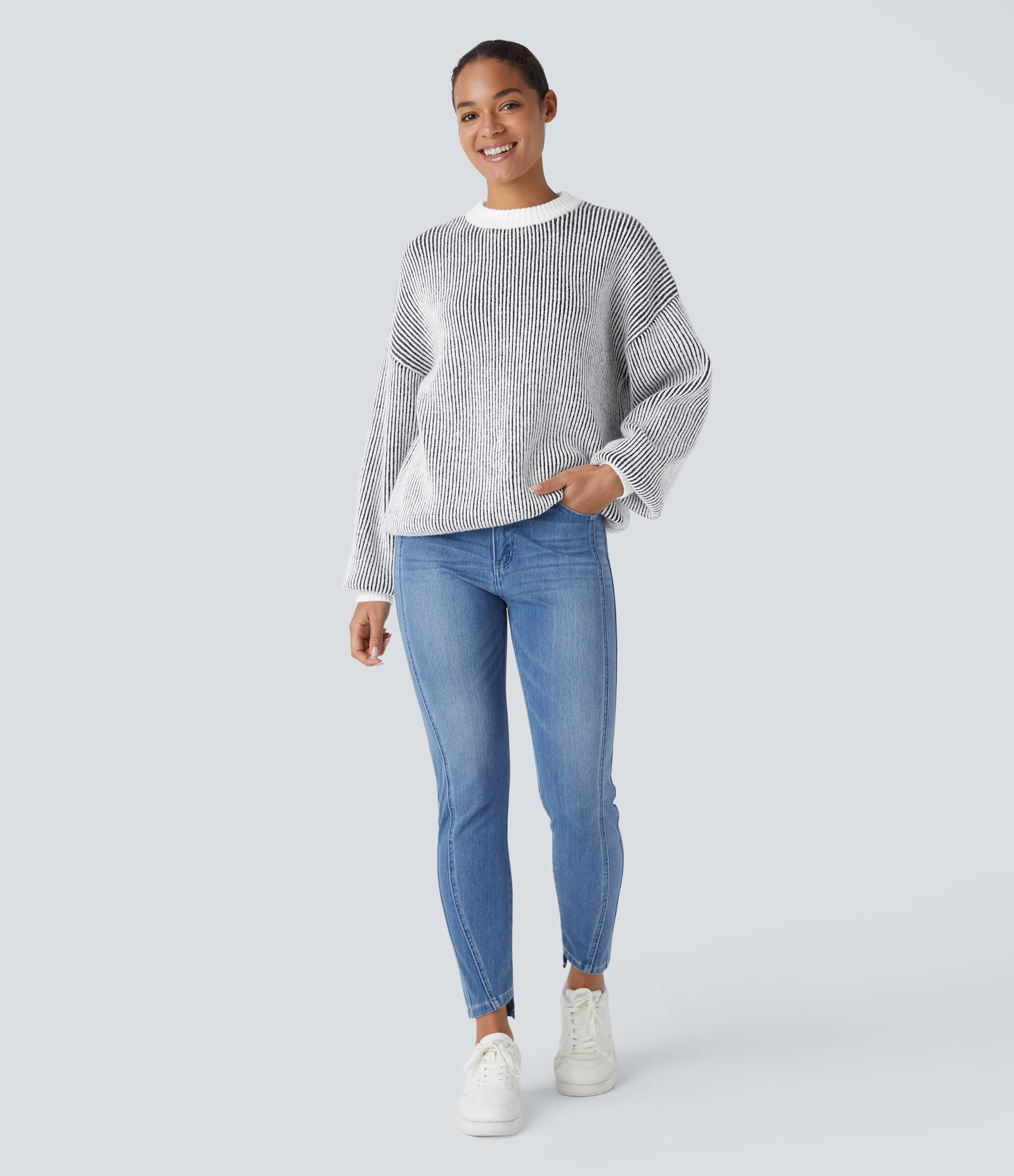 Halara Round Neck Long Sleeve Color Block Stripe Casual Sweater  - Black - L 