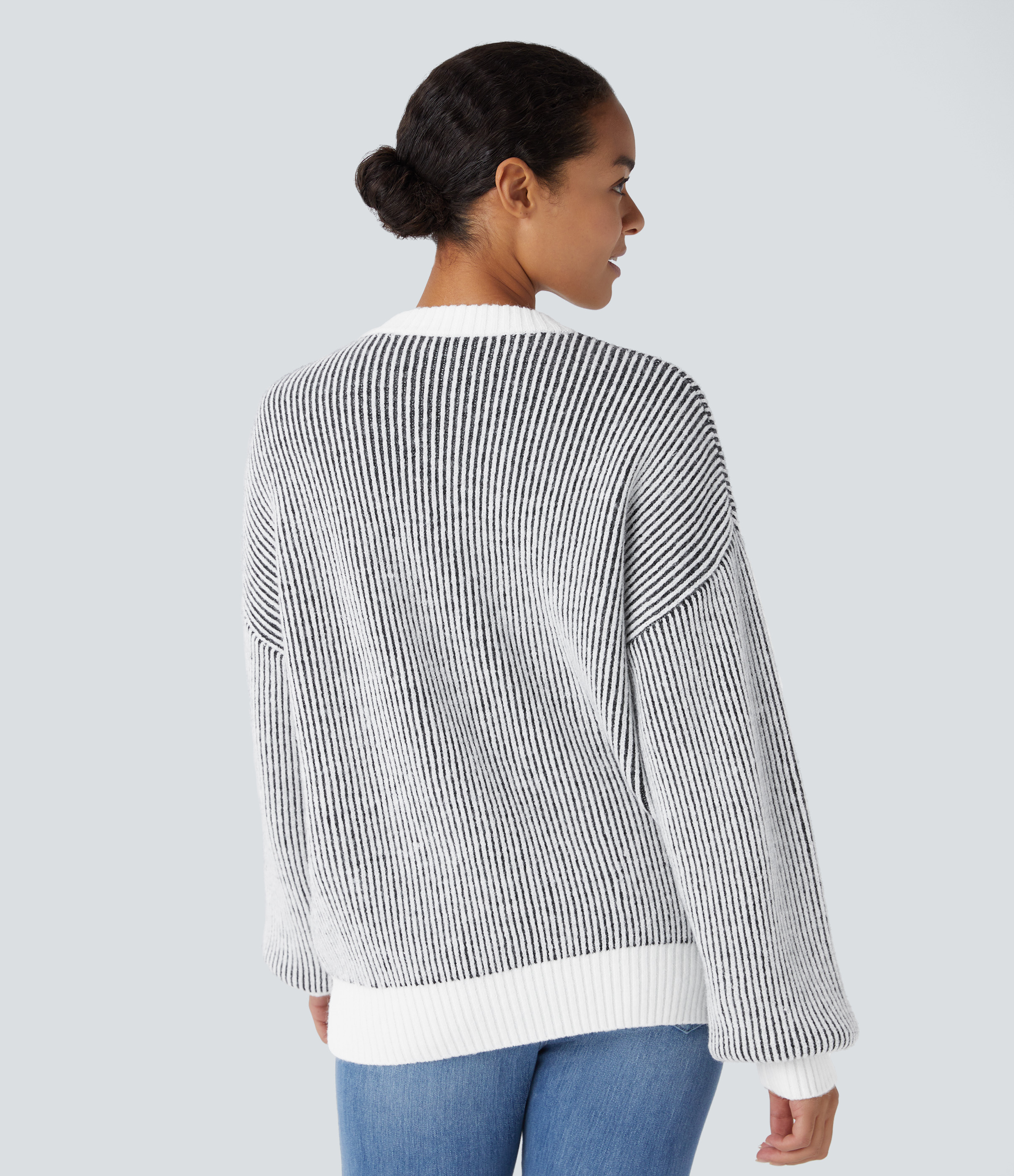 Halara Round Neck Long Sleeve Color Block Stripe Casual Sweater  - Black - L 