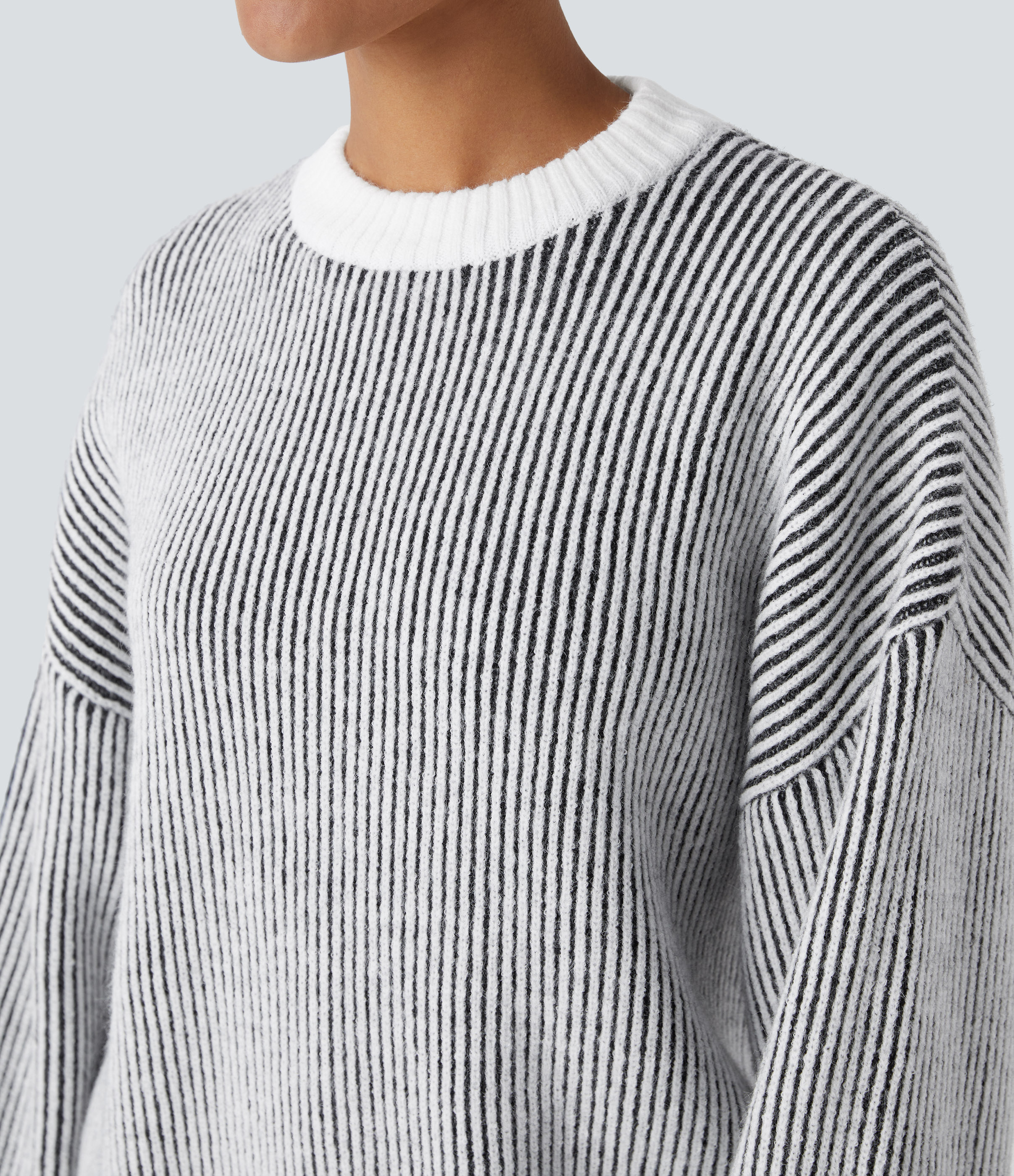 Halara Round Neck Long Sleeve Color Block Stripe Casual Sweater  - Black - L 