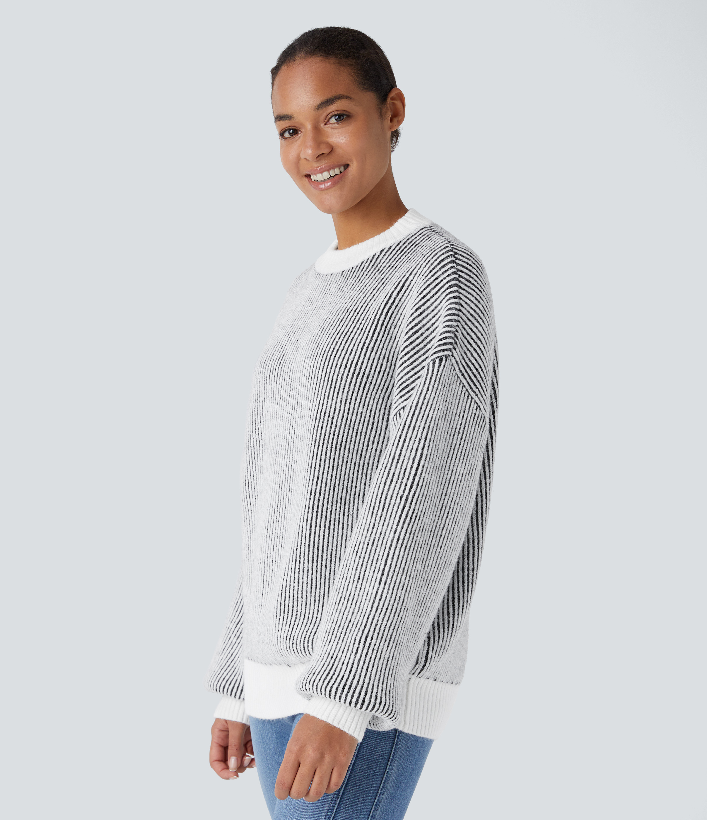 Halara Round Neck Long Sleeve Color Block Stripe Casual Sweater  - Black - L 