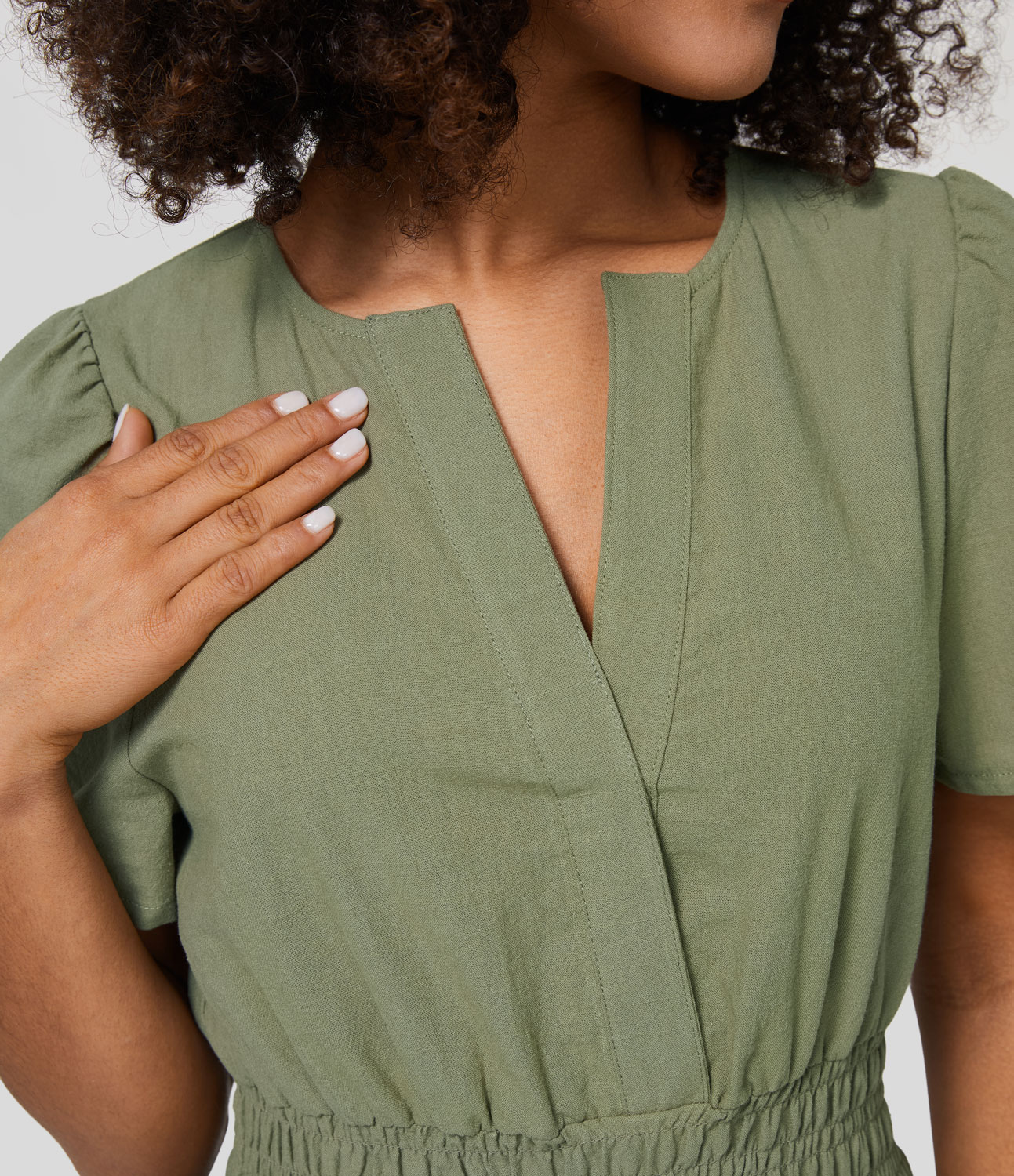 

Halara V Neck Invisible Button Puff Sleeve Shirred Ruffle Hem Casual Linen-Feel Dress Casual Dress - Loden Green -  slip dress beach dress