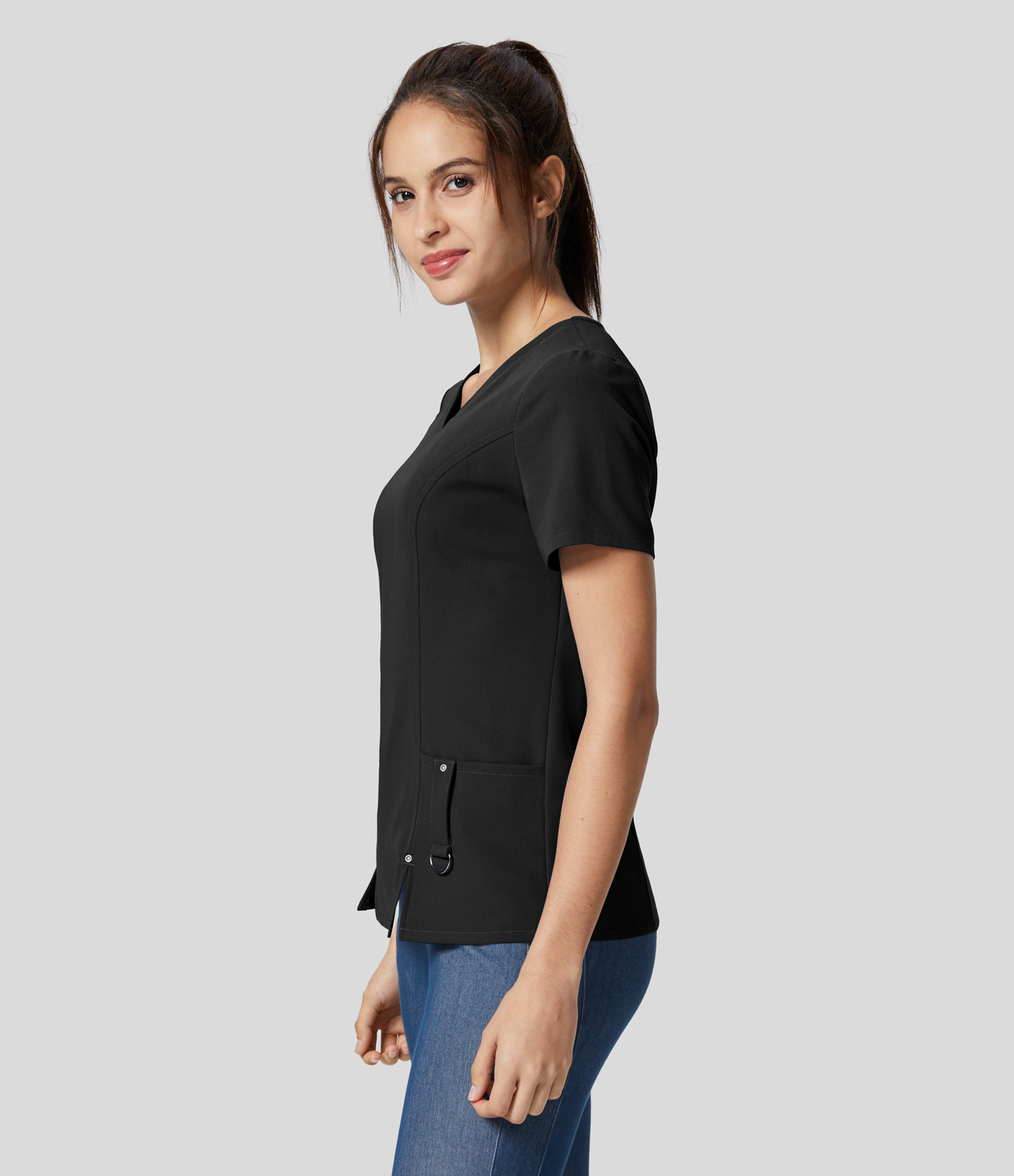 Halara V Neck Side Pocket Buckle Keychain Split Hem Work Blouse  - Black - XS 
